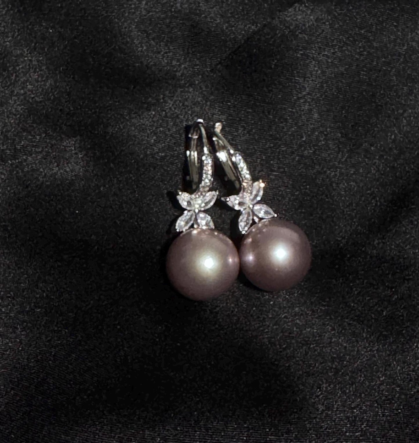 Lavender Pearl Drop Earrings Sterling Silver & CZ Floral Design