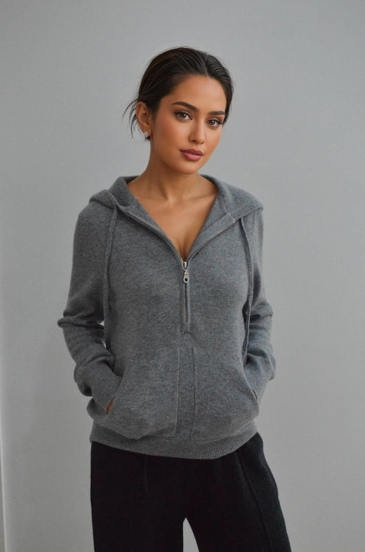Women’s Pure Cashmere Half-Zip Hoodie light weight, 100% cashmere