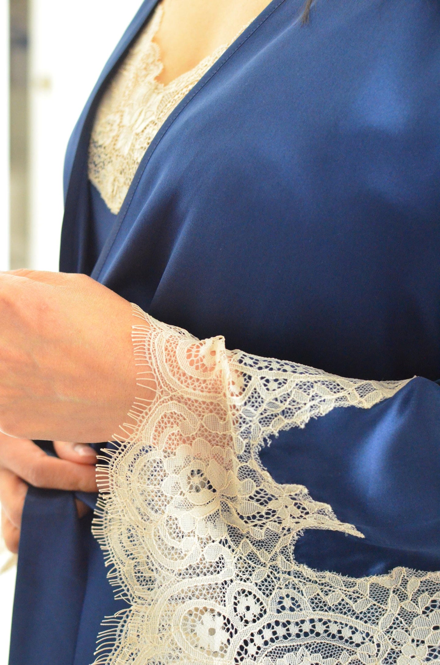 2Pcs Set – Lace Silk Cami Dress & Robe | 6A Grade Mulberry Silk, Royal blue robe with champgnane Sleeves, Lace trim V neck cami dress