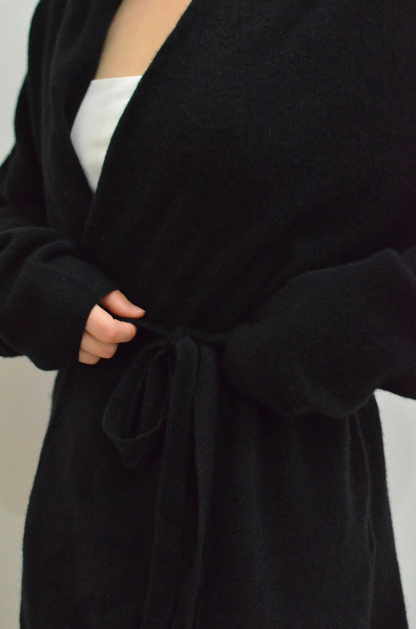 100% Cashmere Cardigan with Belt: Lightweight Bell Sleeves Loungewear