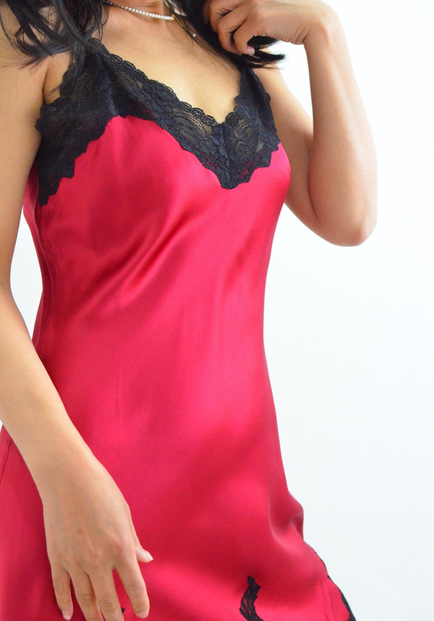2Pcs Set – Lace Silk Cami Dress & Robe | 6A Grade Mulberry Silk, Rosered with Black Lace Sleeves