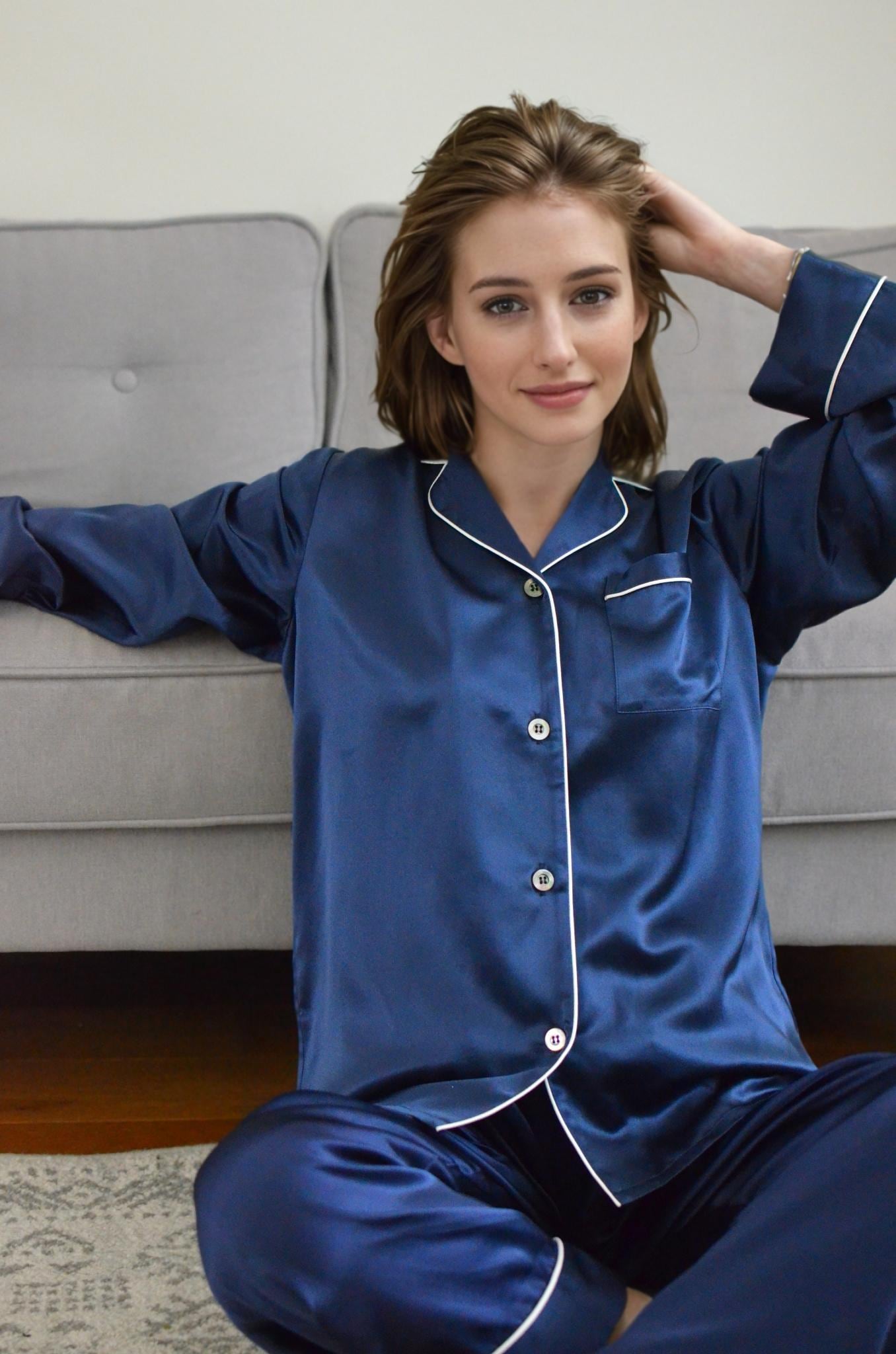 6A Grade Mulberry Silk Pajama Set:  Long Sleeve Piped Loungewear 19momme silk
