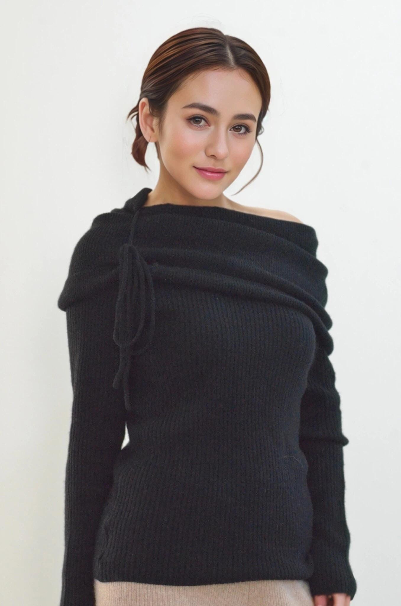 Luxurious Off-the-Shoulder Cashmere and Wool Blend Sweater with A emovable shoulder tie  two styling options