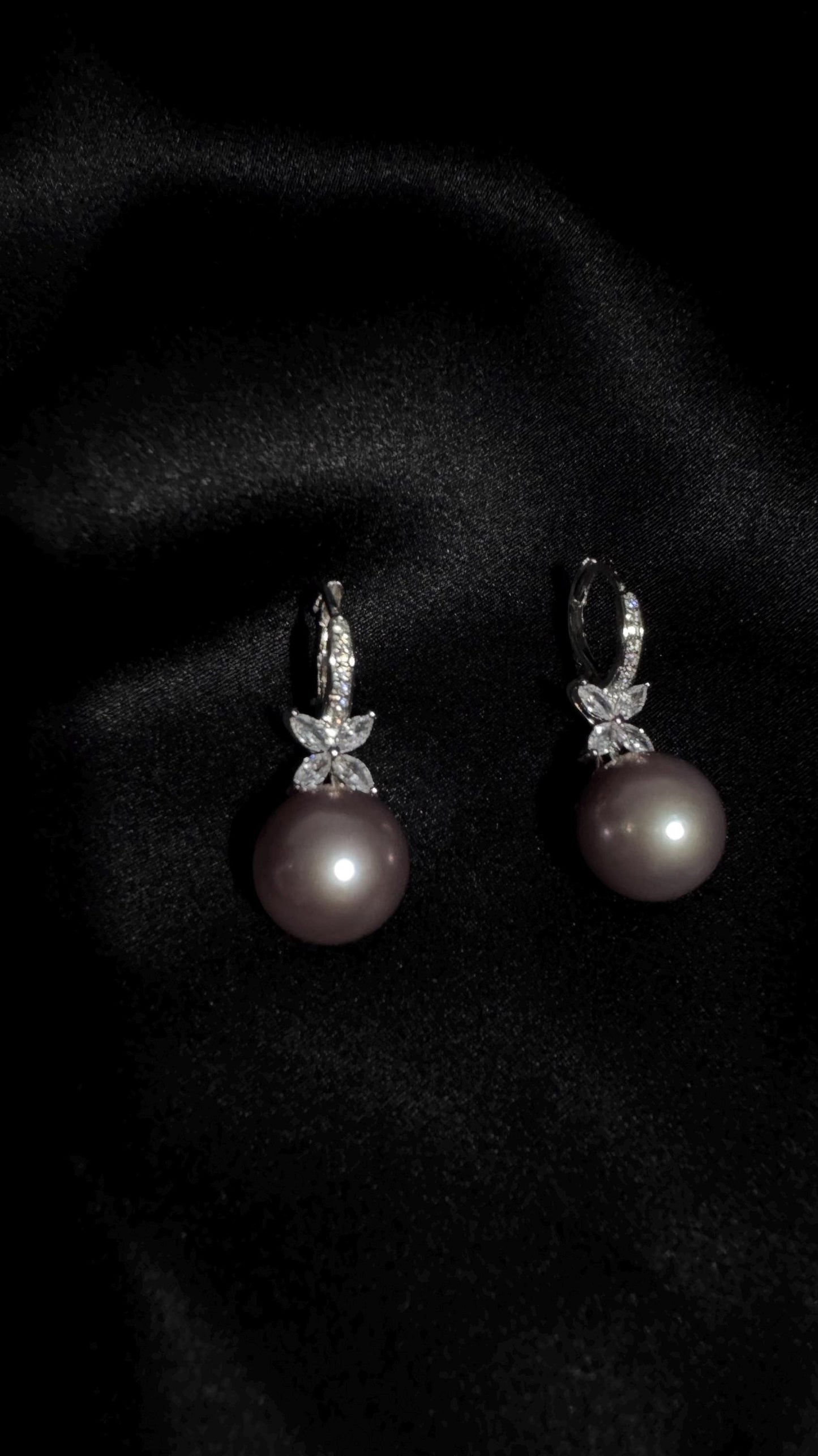 Lavender Pearl Drop Earrings Sterling Silver & CZ Floral Design
