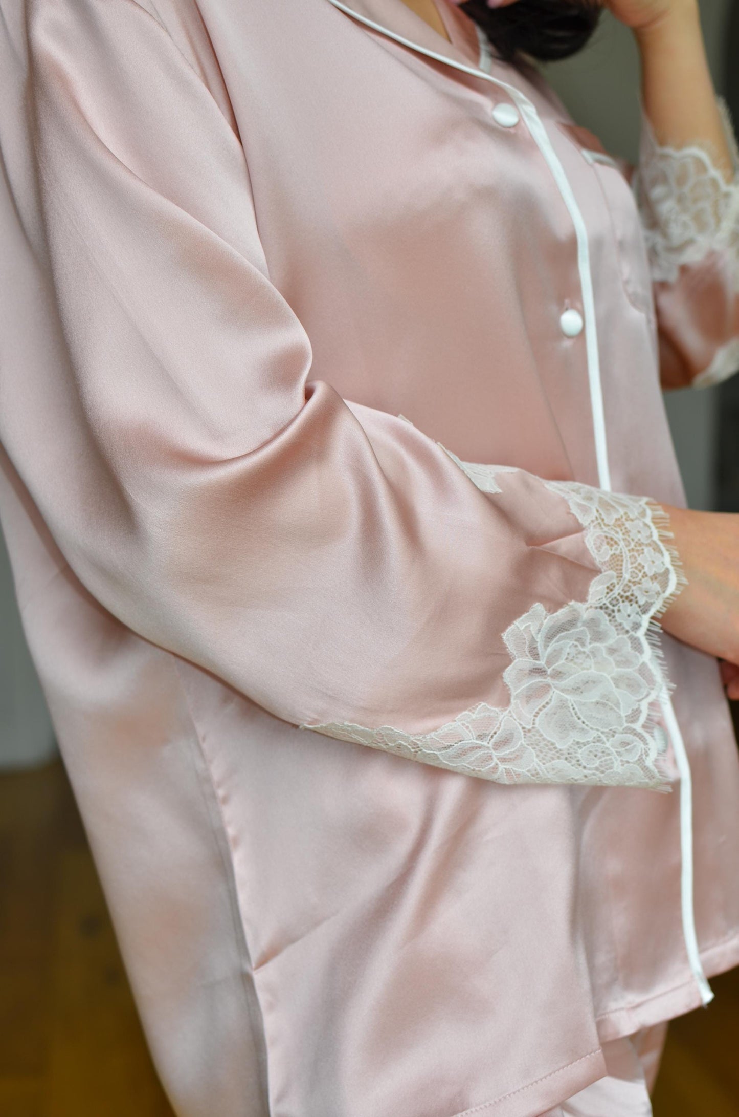 Pink Mulberry Silk Pajama Set:  Lace Trimmed 6A Silk 3/4 sleeves