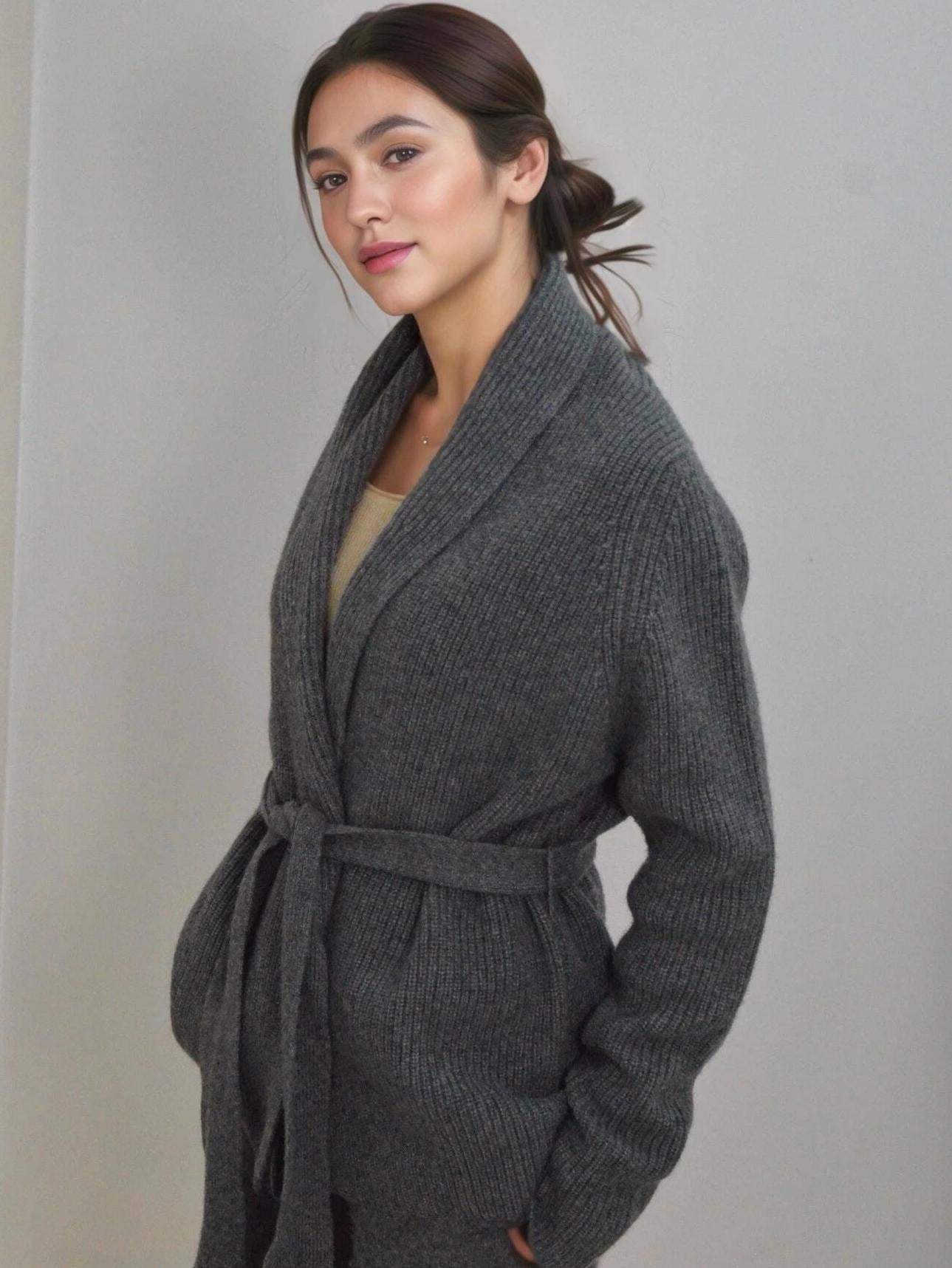 Cashmere-Wool Blend Loungewear Cardigan with Belt  Ivory