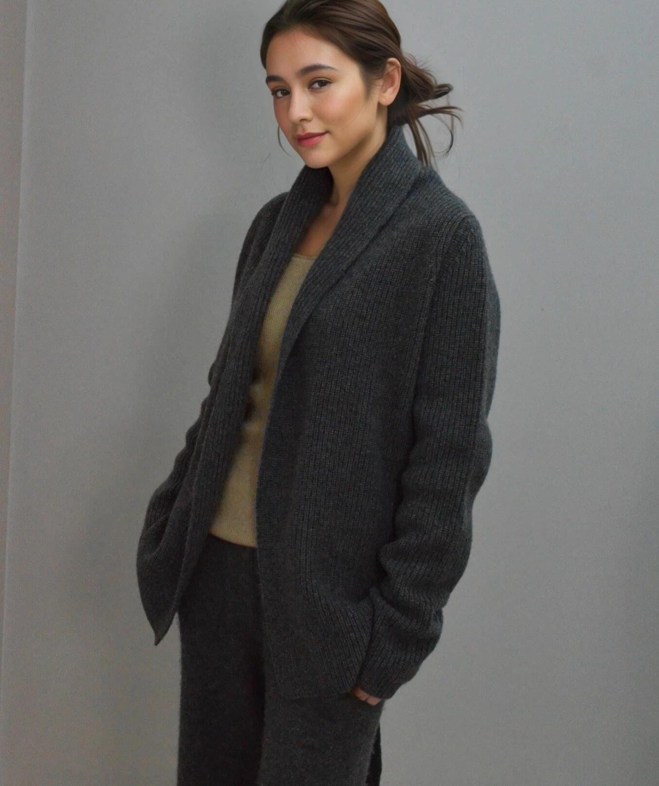 Cashmere-Wool Blend Loungewear Cardigan with Belt  Ivory