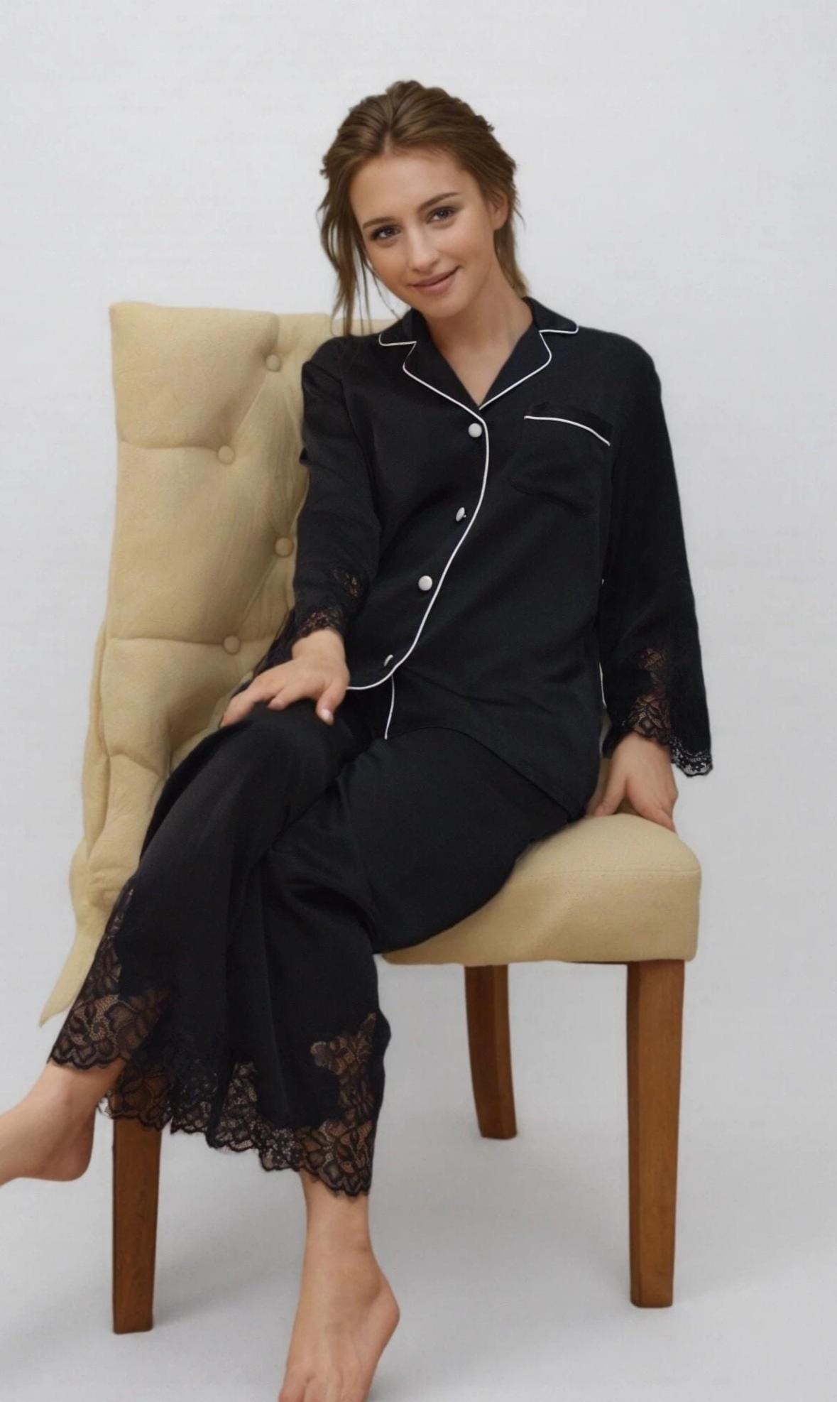 Mulberry Silk Pajama Set:  Lace Trimmed 6A Silk 3/4 sleeves