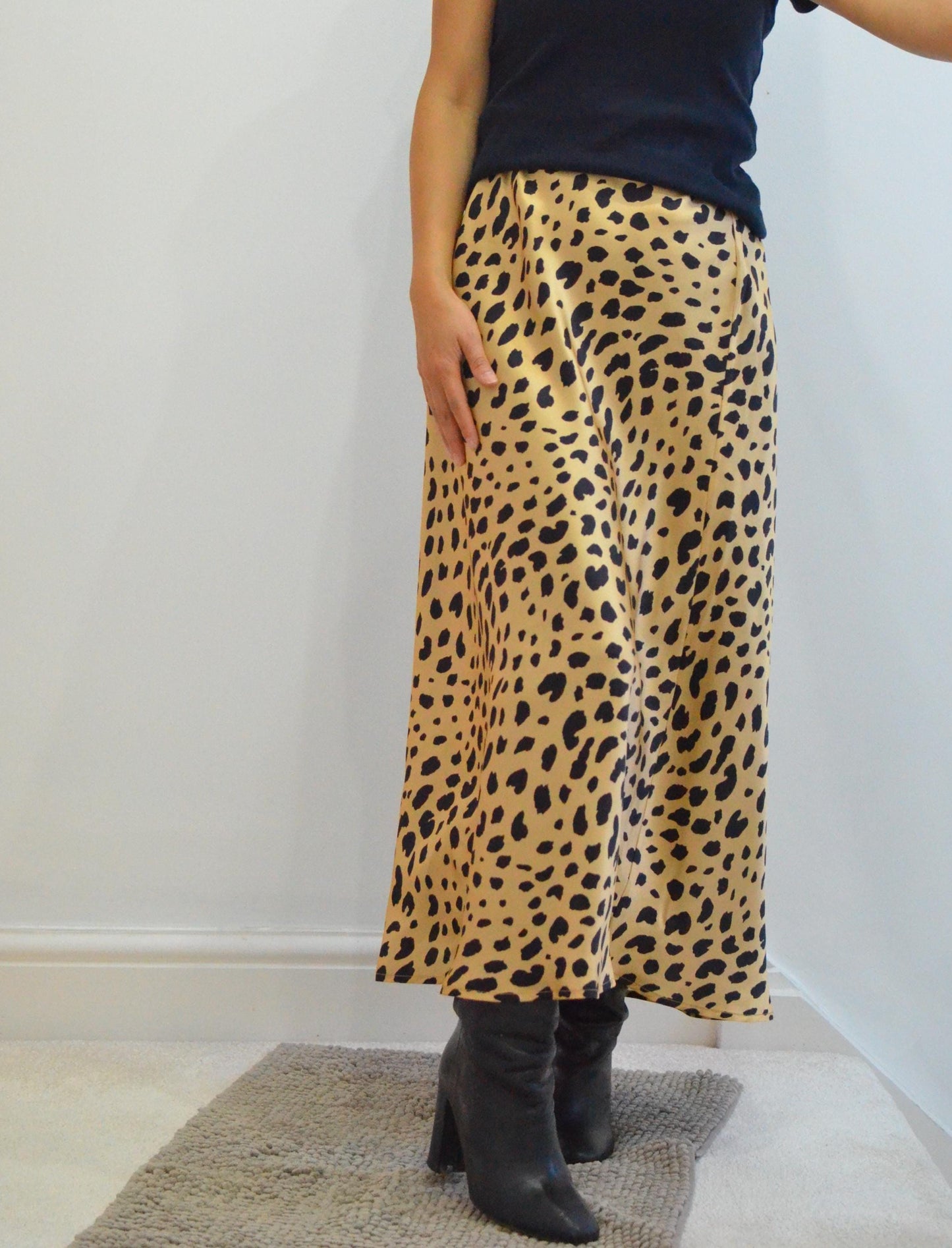 Wild Elegance:Golden beige base with bold black spots Slip Skirt  mulberry silk skirt