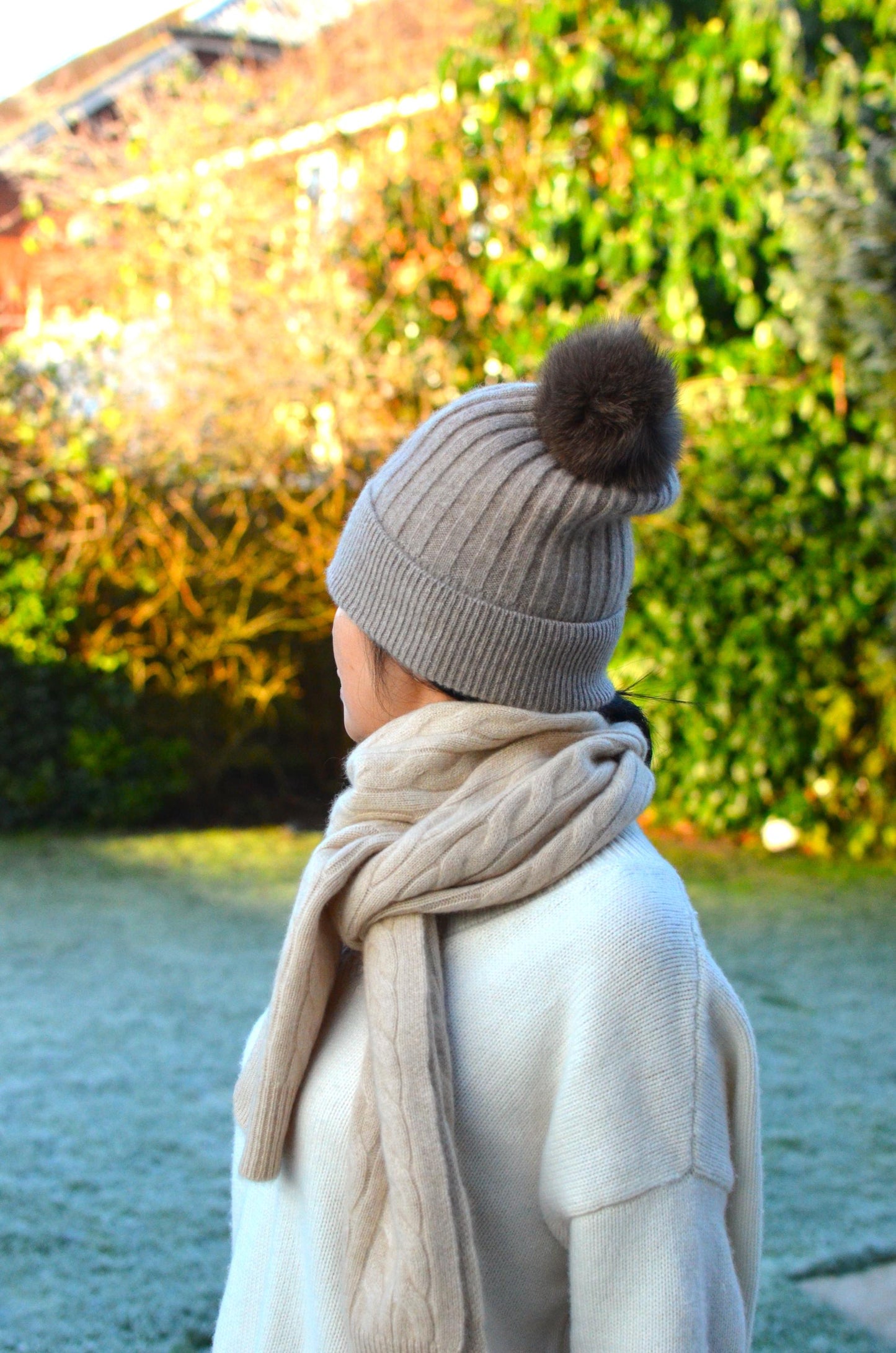 100% Cashmere Beanies with Faux Fur Pom-Poms