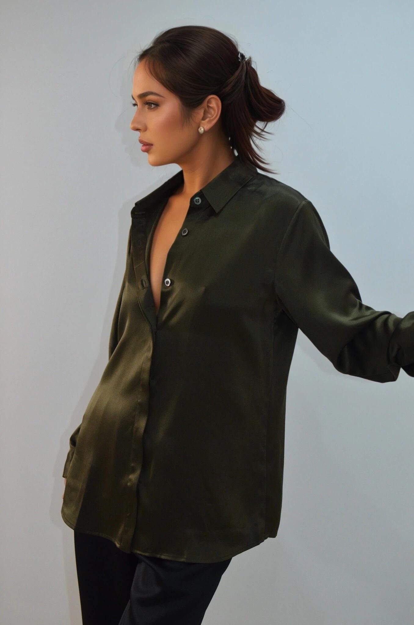 Oilve green Mulberry Silk Blouse: Long Sleeve Button-Up Shirt  22momme silk