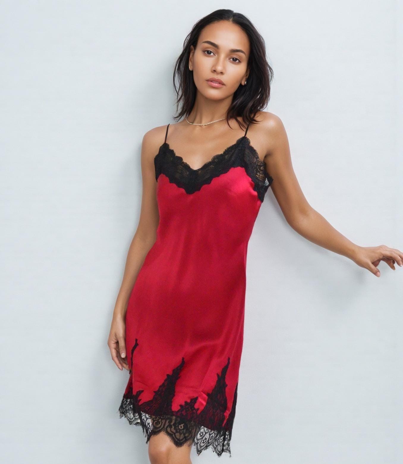 2Pcs Set – Lace Silk Cami Dress & Robe | 6A Grade Mulberry Silk, Rosered with Black Lace Sleeves