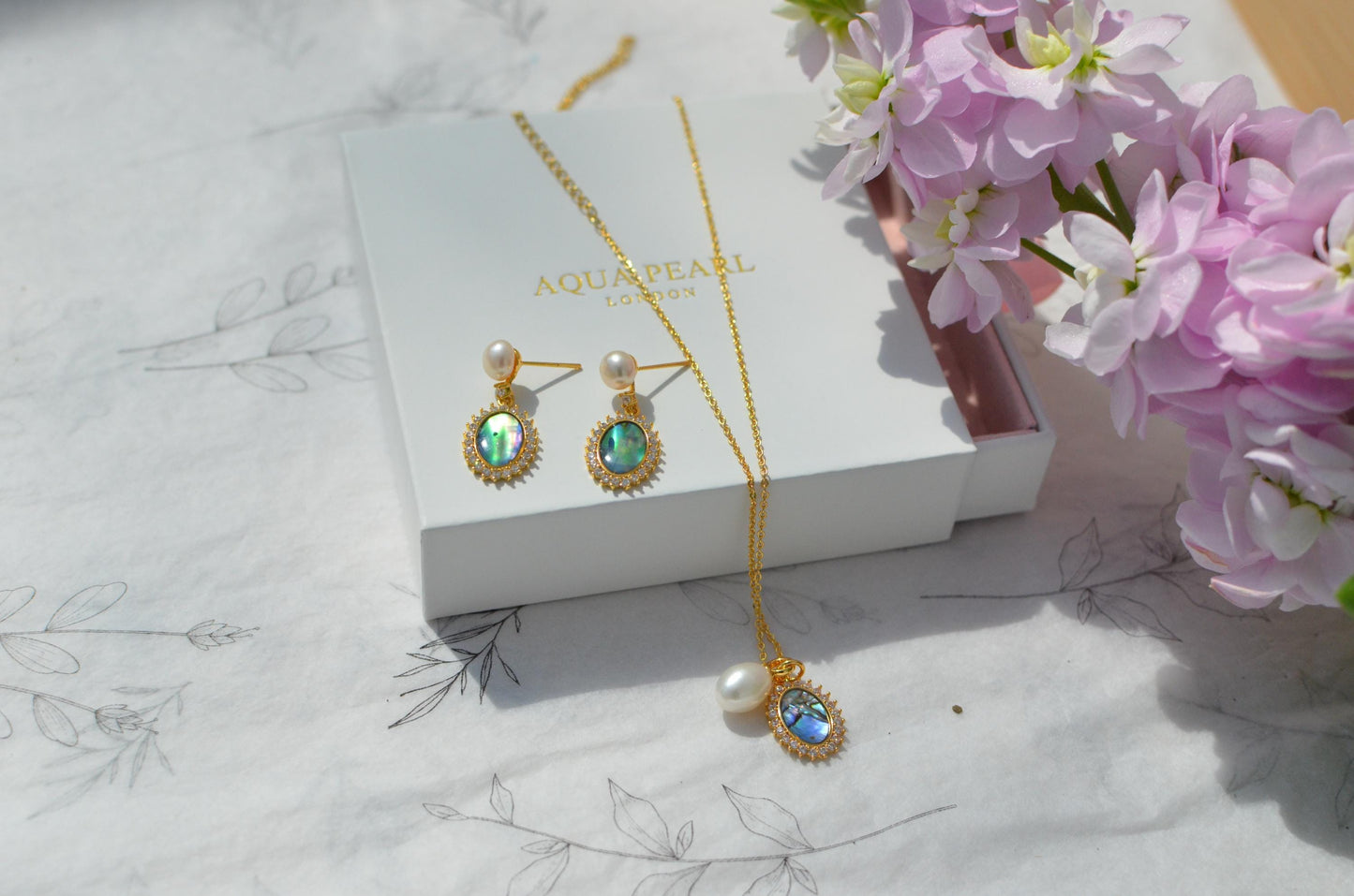 Pearl Abalone Shell Necklace and Earrings Set, Sterling Silver Gold Finish
