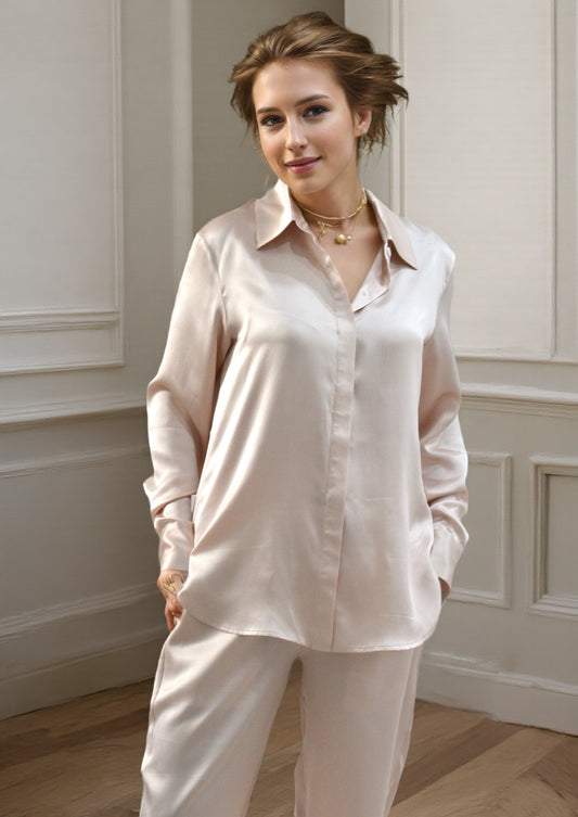 19 Momme Mulberry Silk loungewear set  Button Down Shirt & Pants set