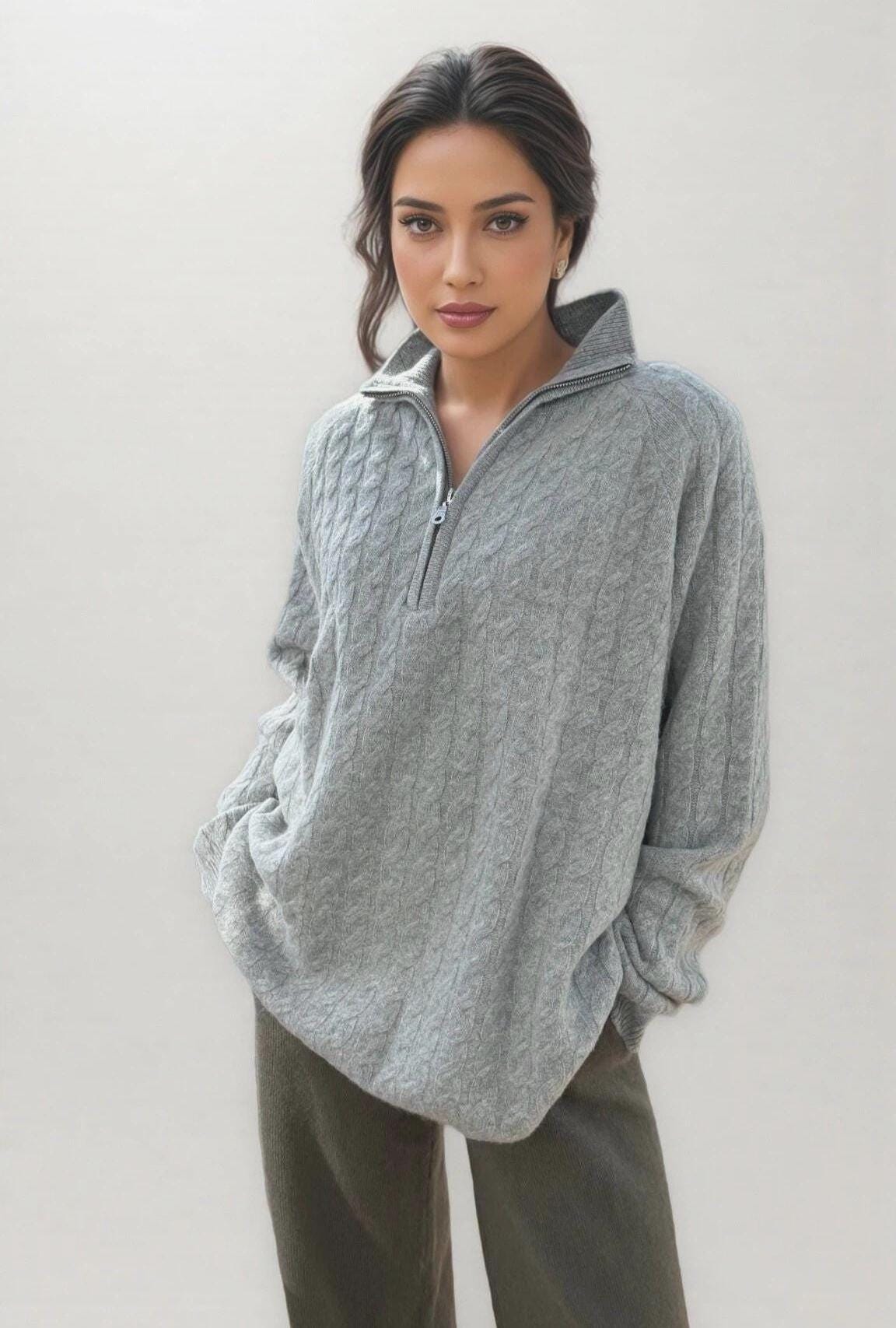 Cable-Knit Half-Zip Cashmere Wool Sweater Timeless Elegance and Cozy Comfort loose fit