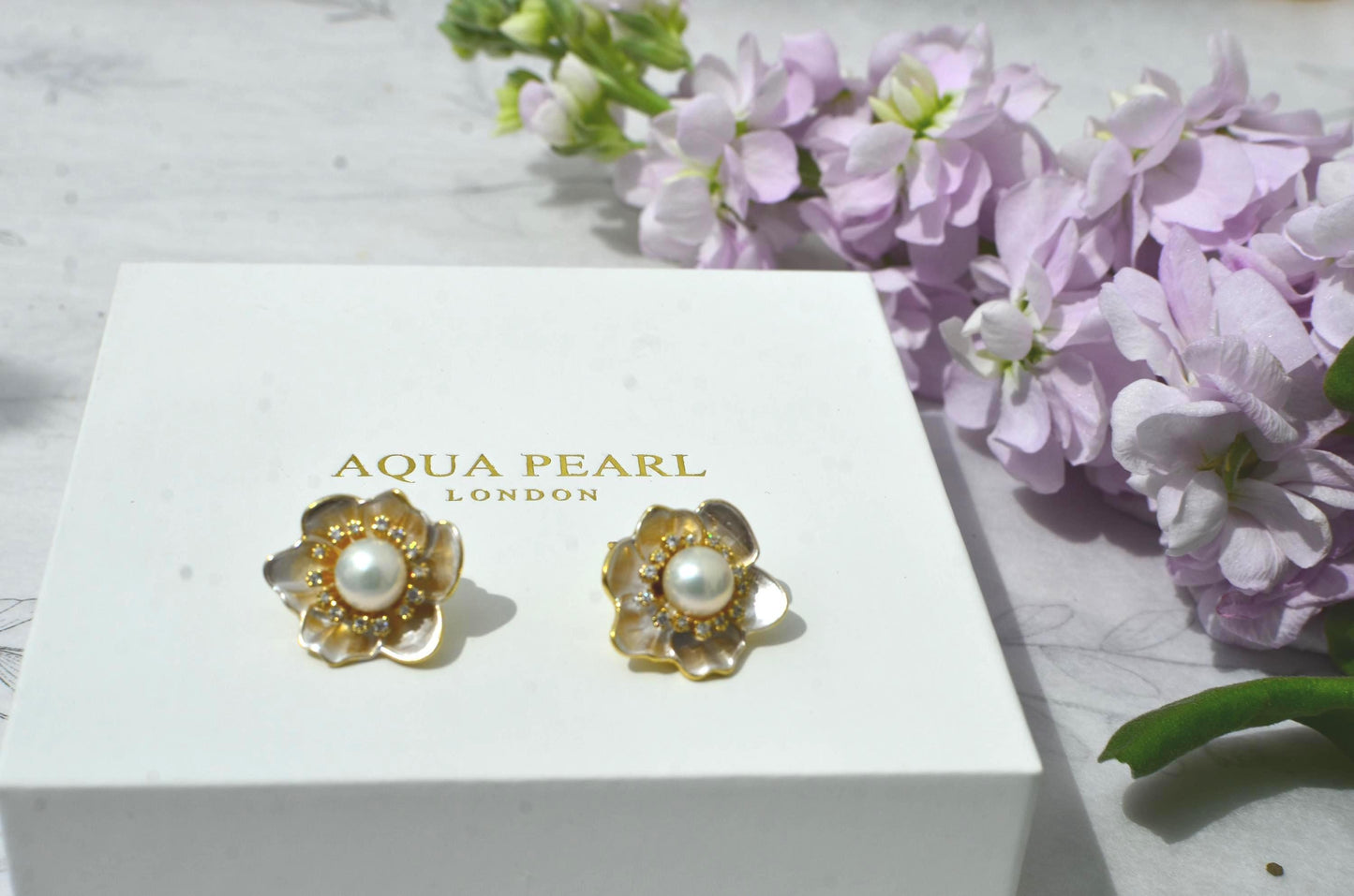 Handcrafted Floral Pearl Stud Earrings, 14k Gold-Filled, Cubic Zirconia