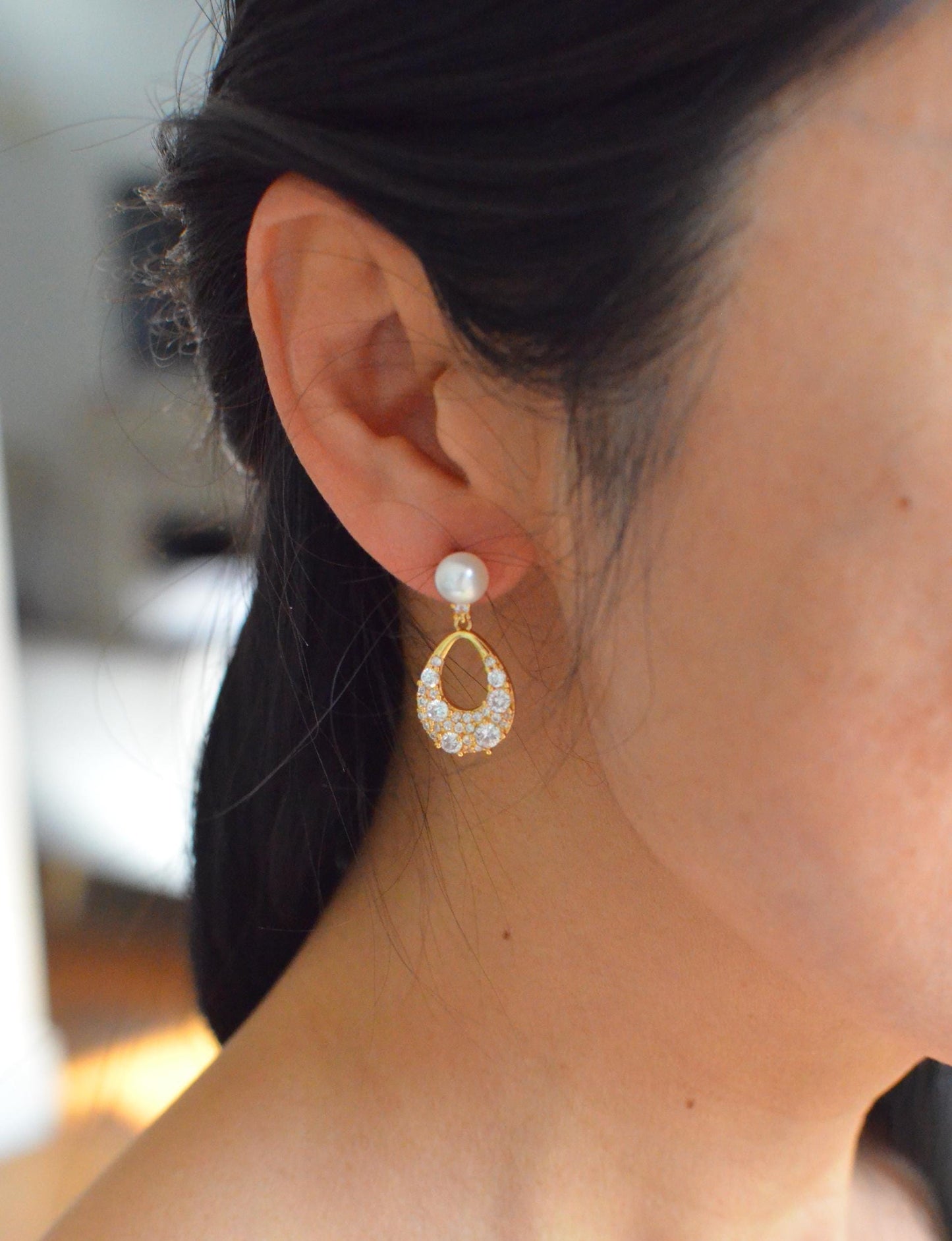 Gold Butterfly Drop Earrings, Freshwater Pearl Studs, CZ Stone