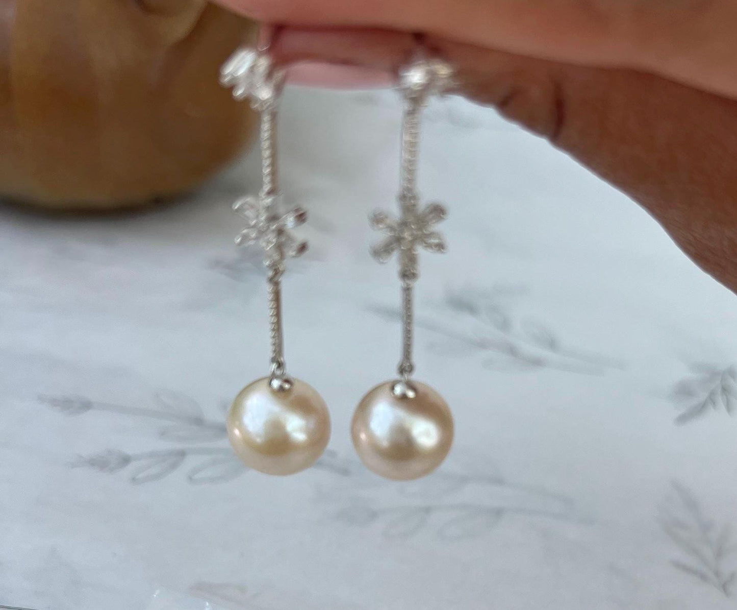 Floral CZ Freshwater Pearl Earrings – Bridal Sterling Silver