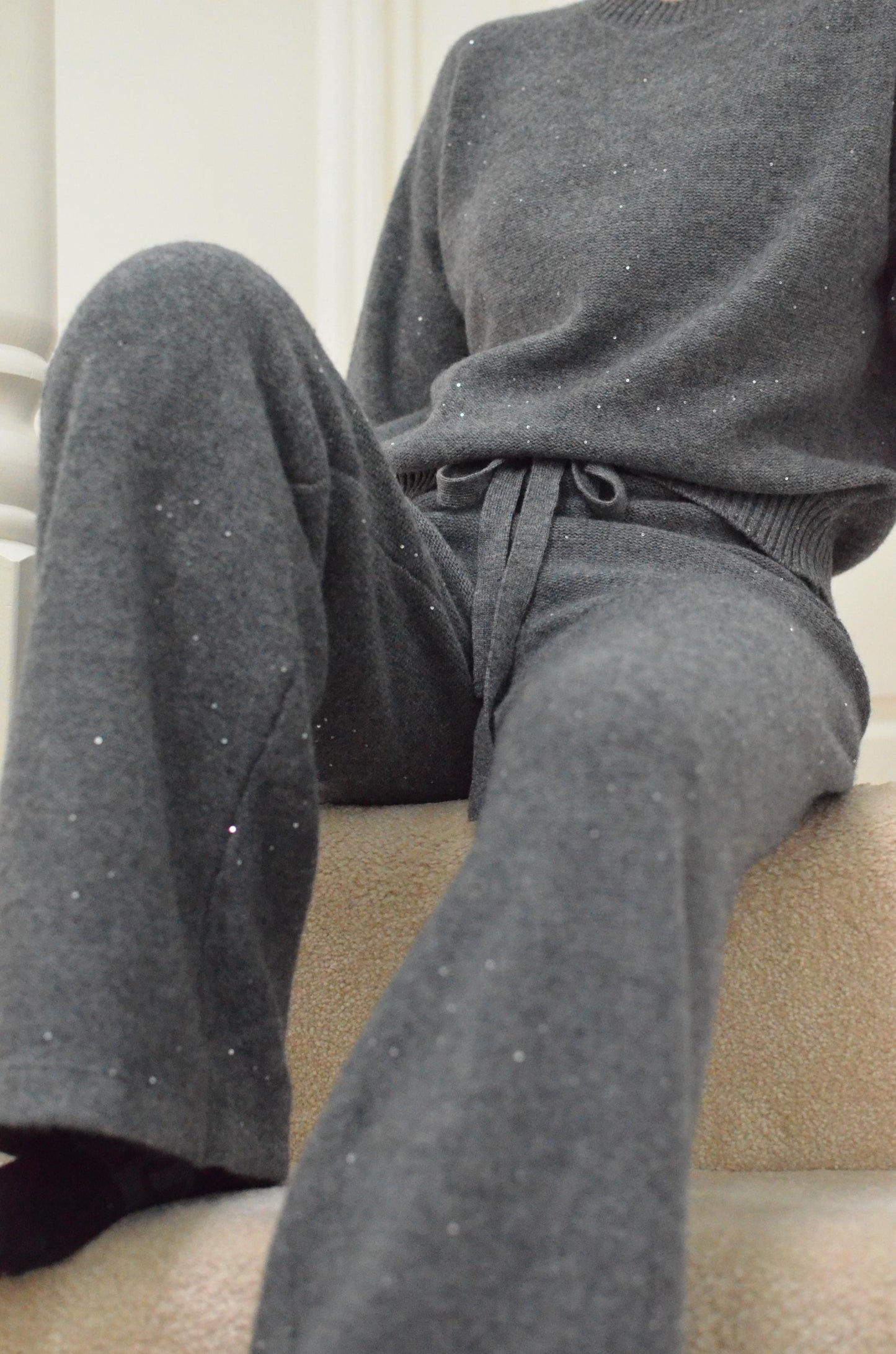 Cashmere Wool Blend Sweater Set: Sparkling Beads, Adjustable Trousers