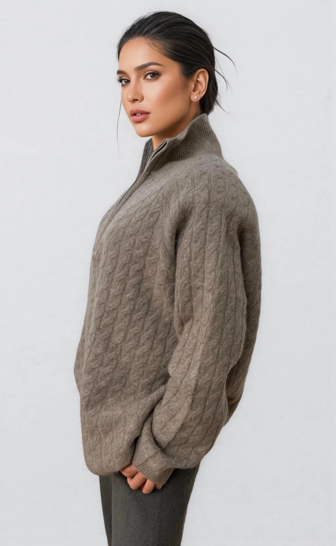 Cable-Knit Half-Zip Cashmere Wool Sweater Timeless Elegance and Cozy Comfort loose fit