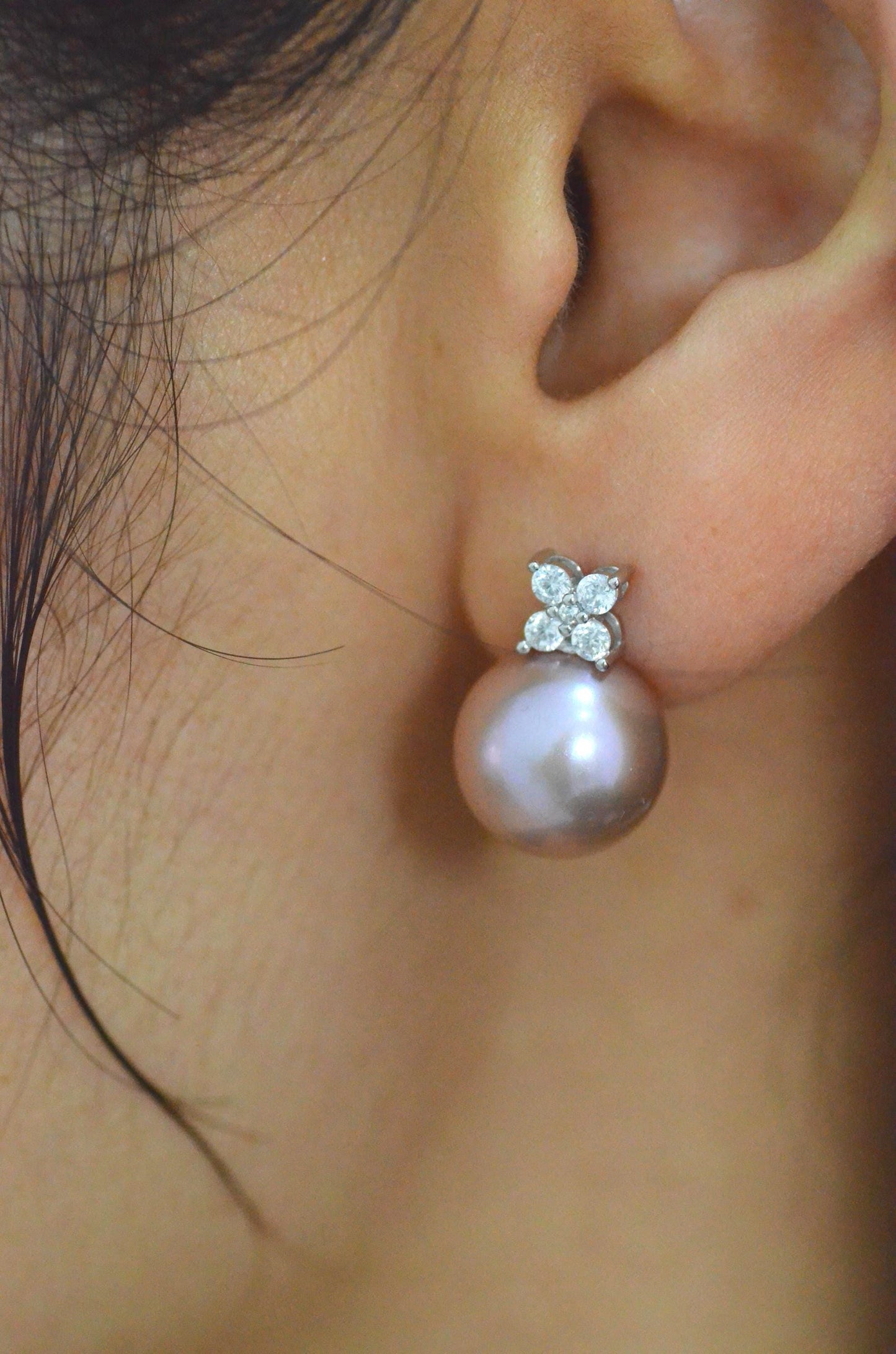 Champagne Rose Pearl Jewelry Set with Four-Petal Floral CZ Cluster