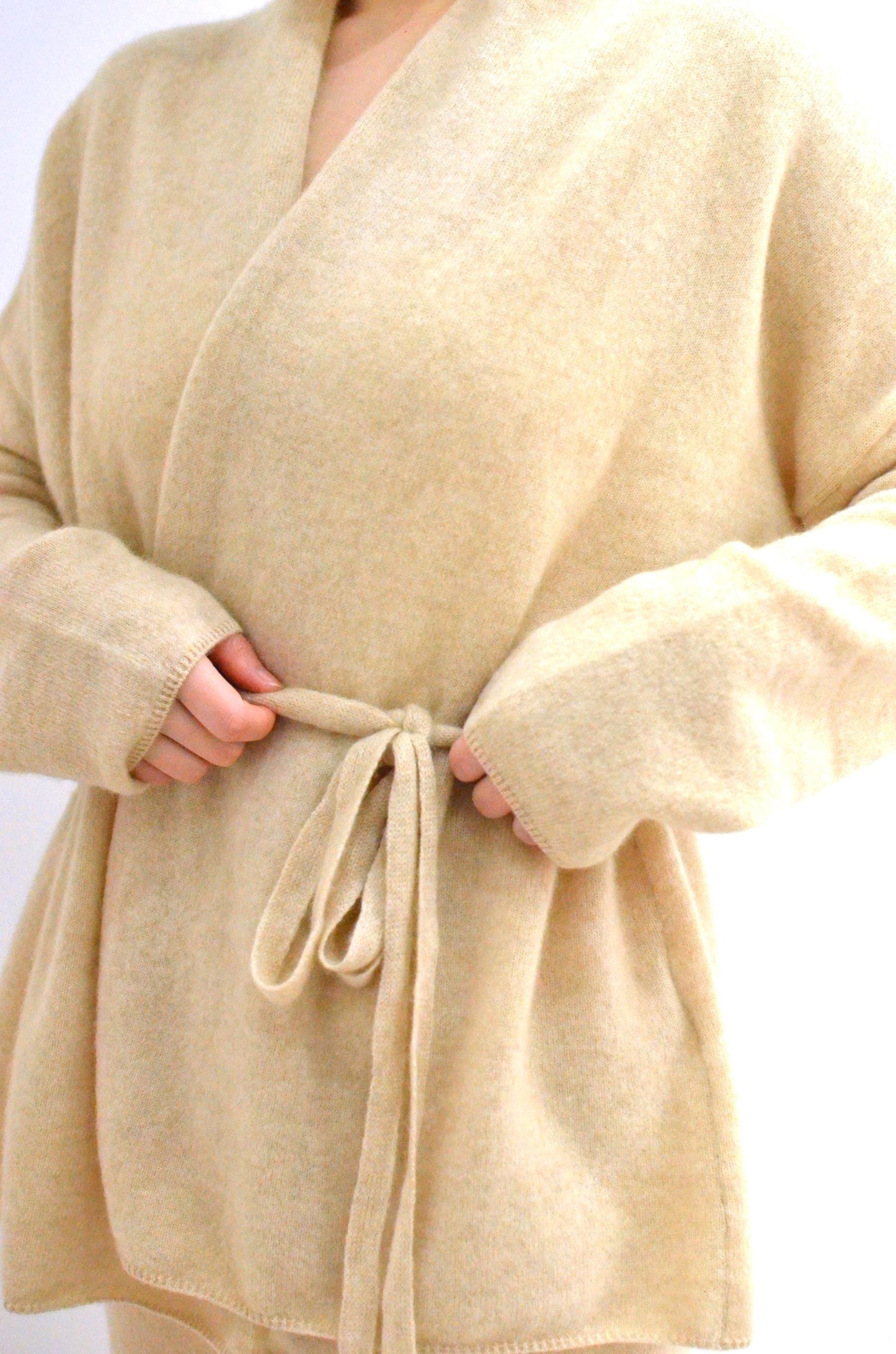 100% Cashmere Cardigan with Belt: Lightweight Bell Sleeves Loungewear