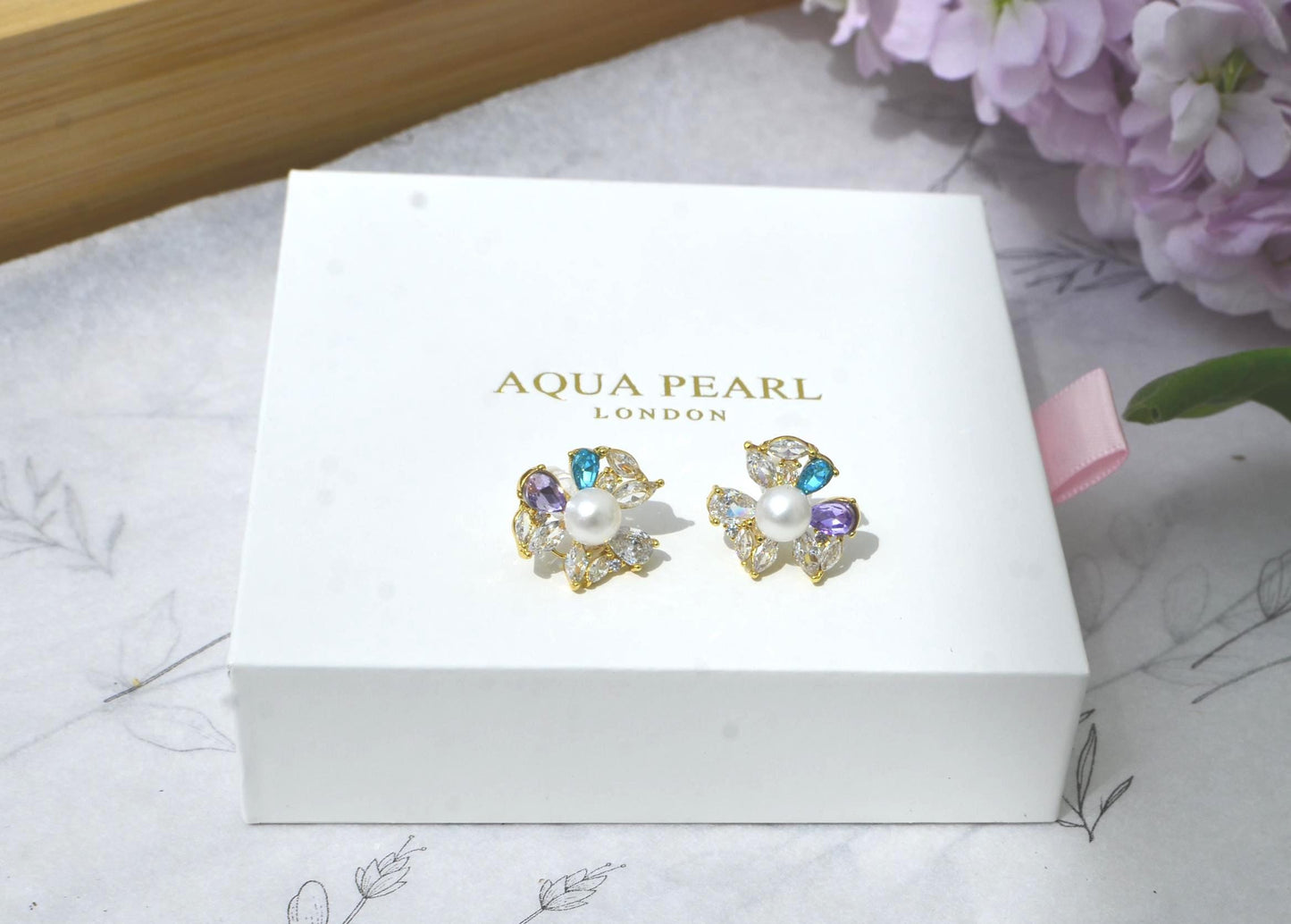 Handcrafted Floral Pearl Stud Earrings, 14k Gold-Filled, Cubic Zirconia