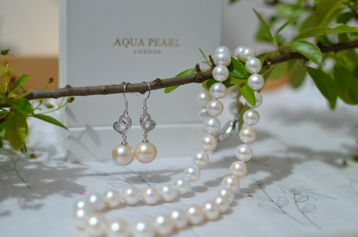 Freshwater Pearl Necklace and Sterling Silver Heart Earrings Set