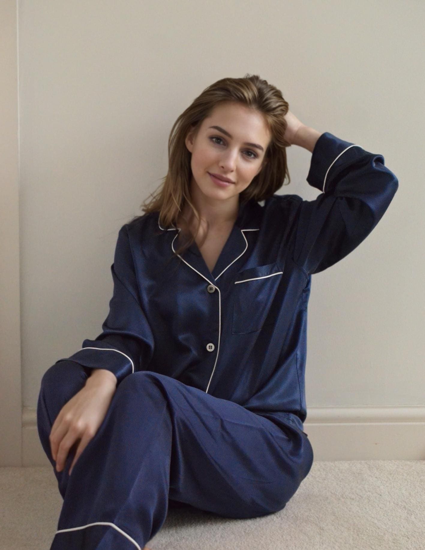 6A Grade Mulberry Silk Pajama Set:  Long Sleeve Piped Loungewear 19momme silk