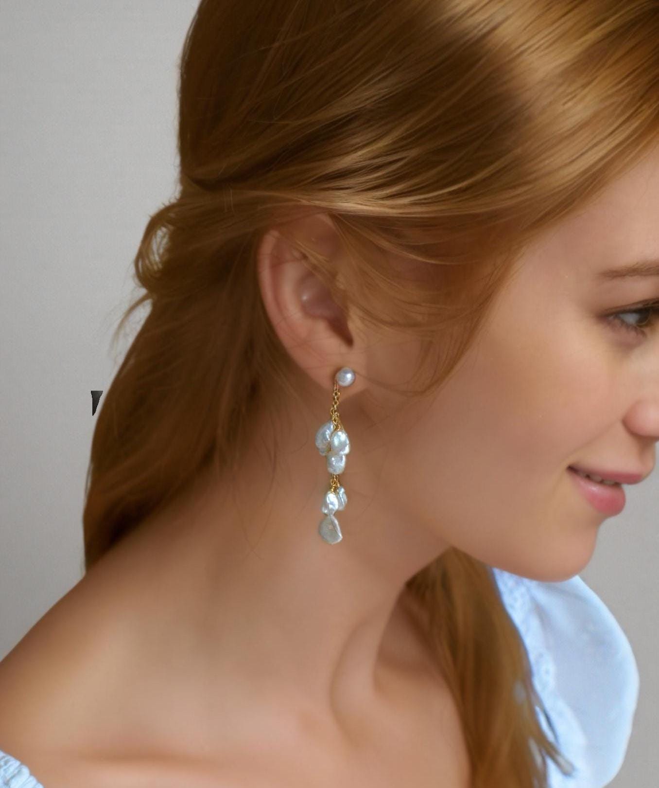 Baroque Pearl Drop Earrings with Gold Chain & Pearl Stud
