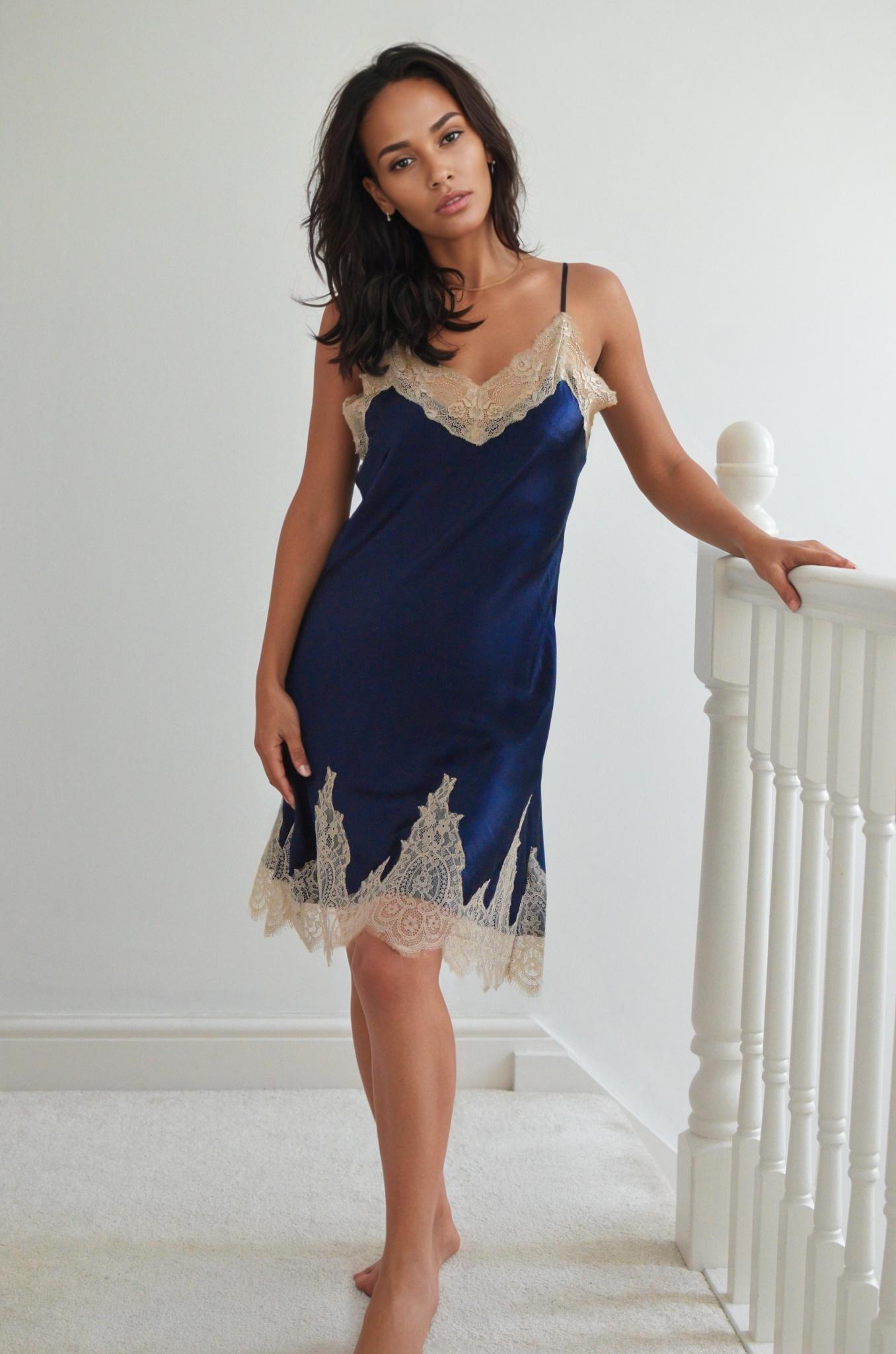 2Pcs Set – Lace Silk Cami Dress & Robe | 6A Grade Mulberry Silk, Royal blue robe with champgnane Sleeves, Lace trim V neck cami dress