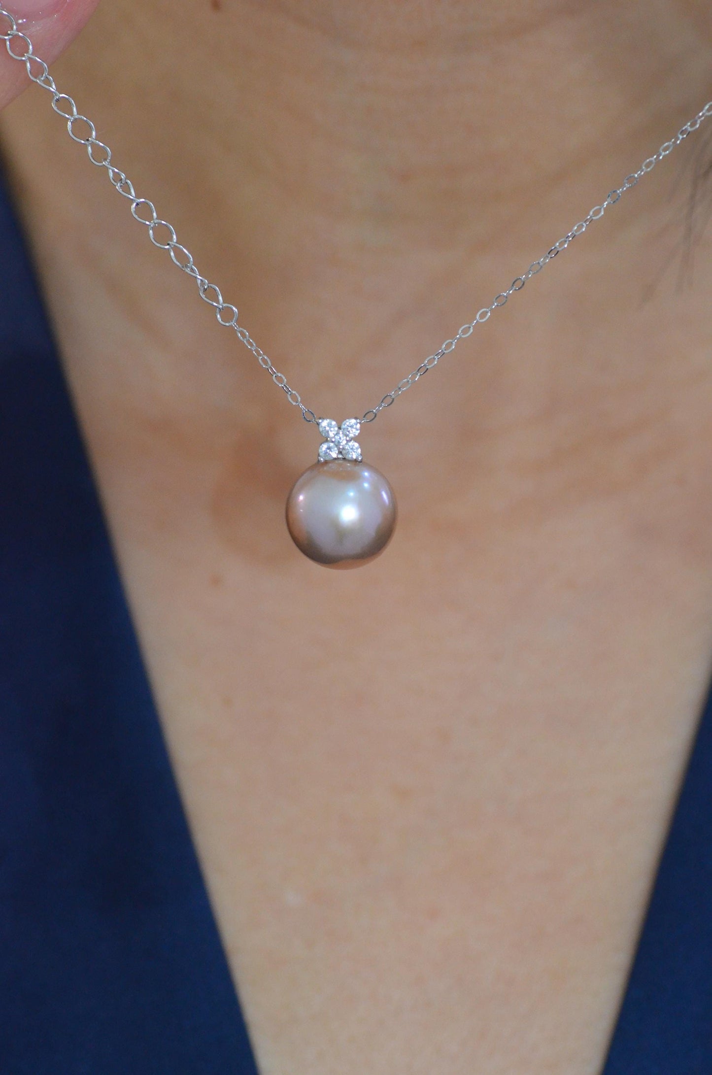 Champagne Rose Pearl Jewelry Set with Four-Petal Floral CZ Cluster