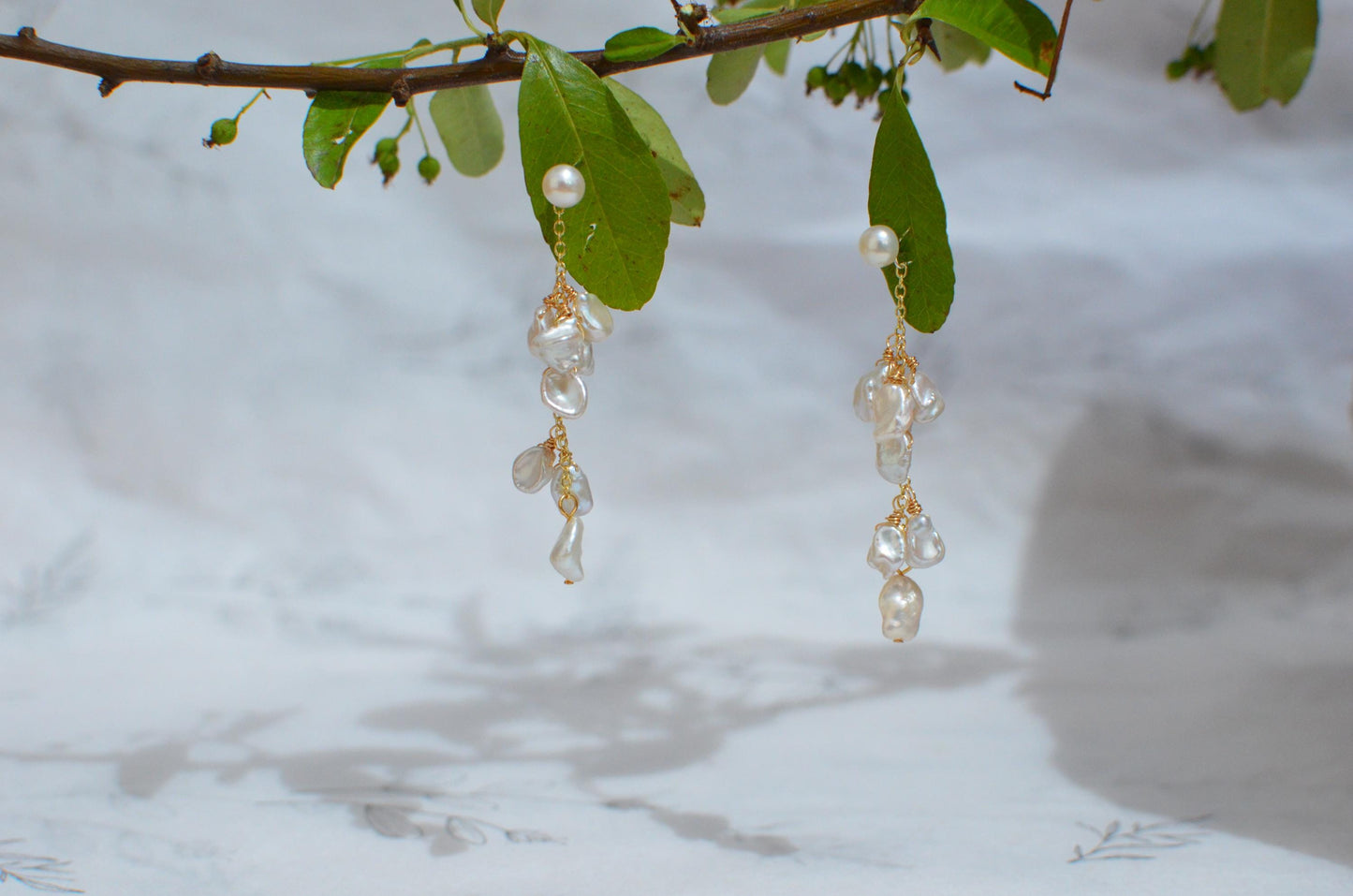 Baroque Pearl Drop Earrings with Gold Chain & Pearl Stud