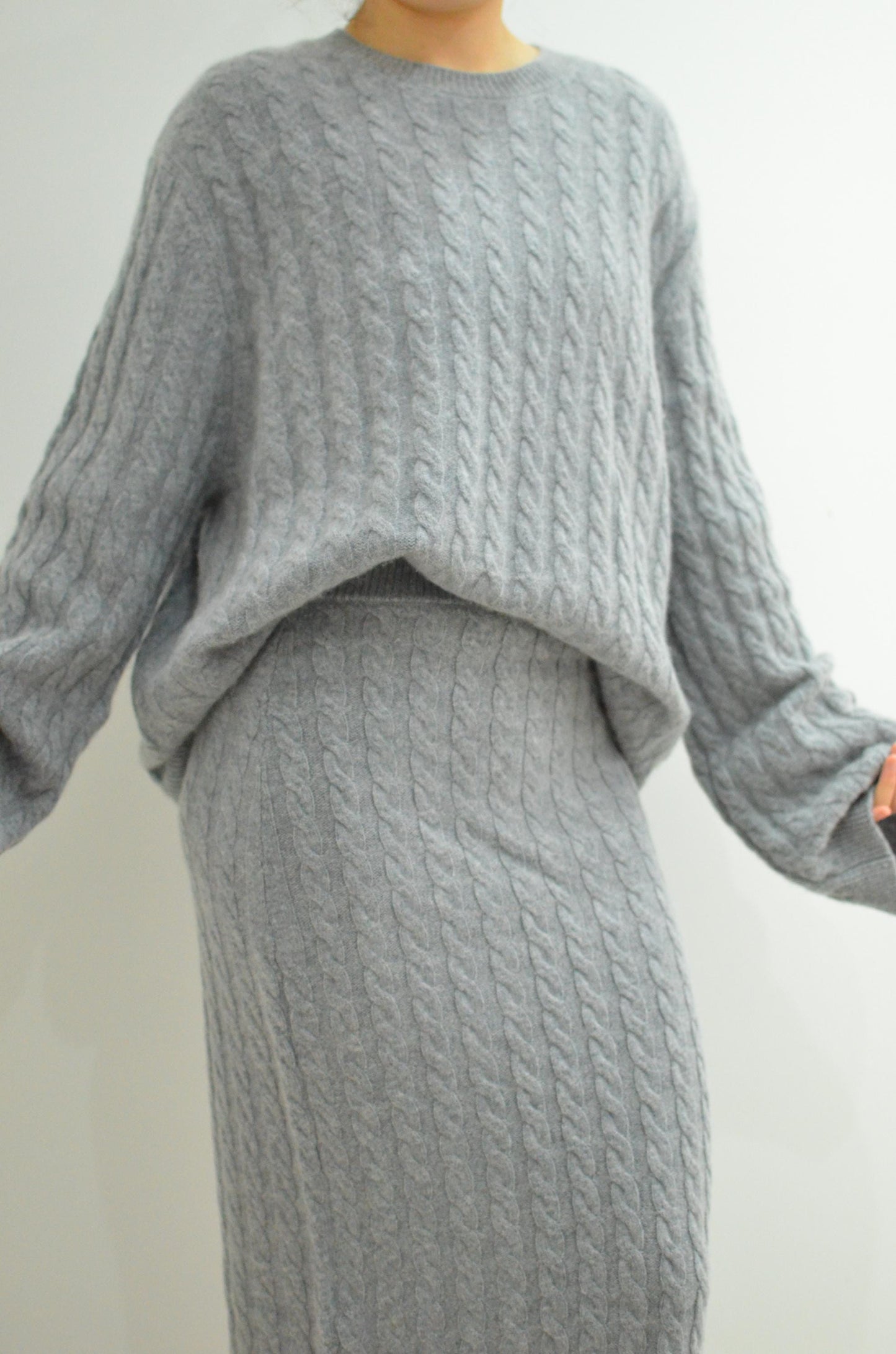 Cashmere Wool Blend Cable Knit Sweater and Pencil Skirt Set