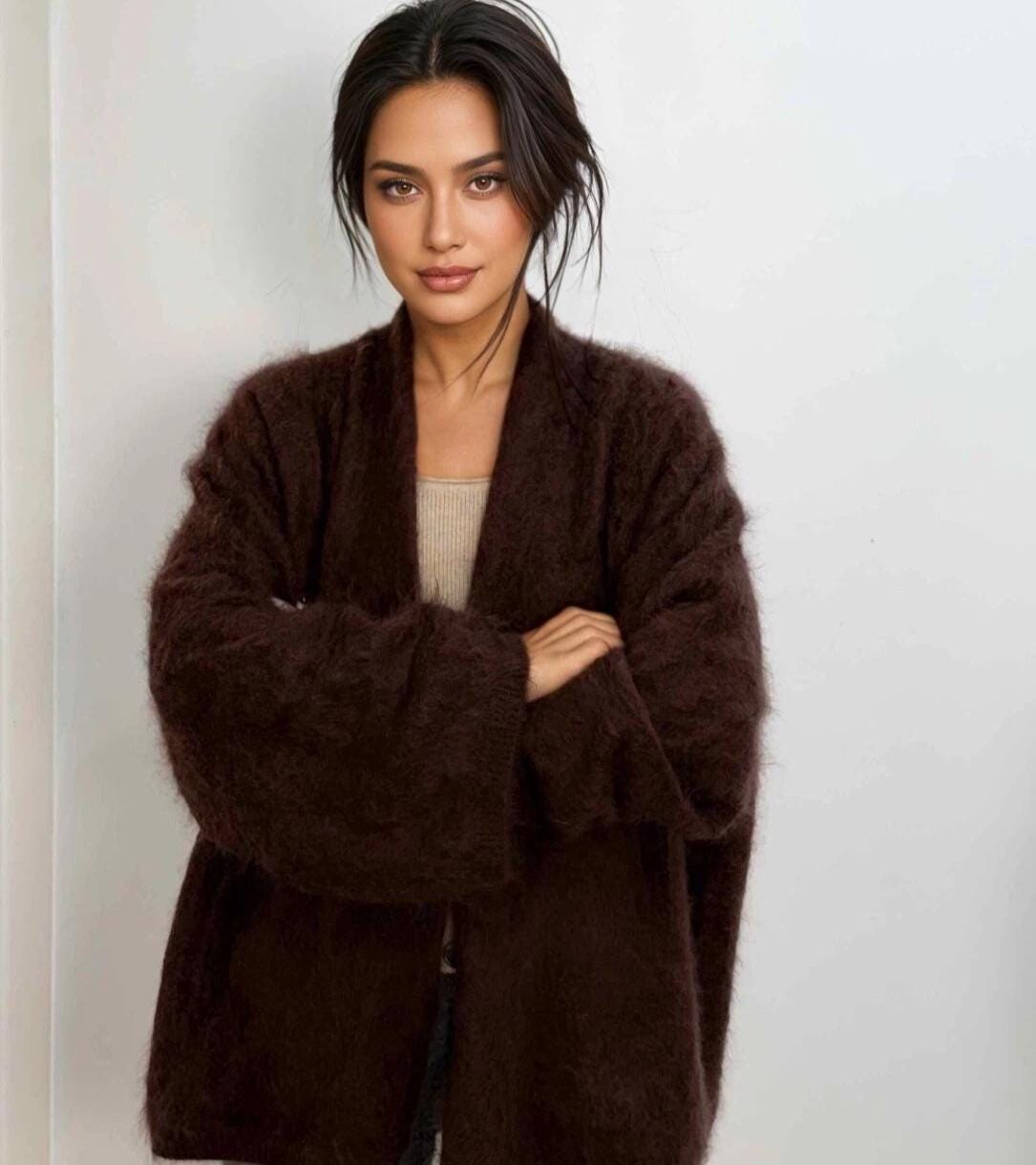 Luxury Brushed Cashmere Cardigan with Single Button extra warm and cozy