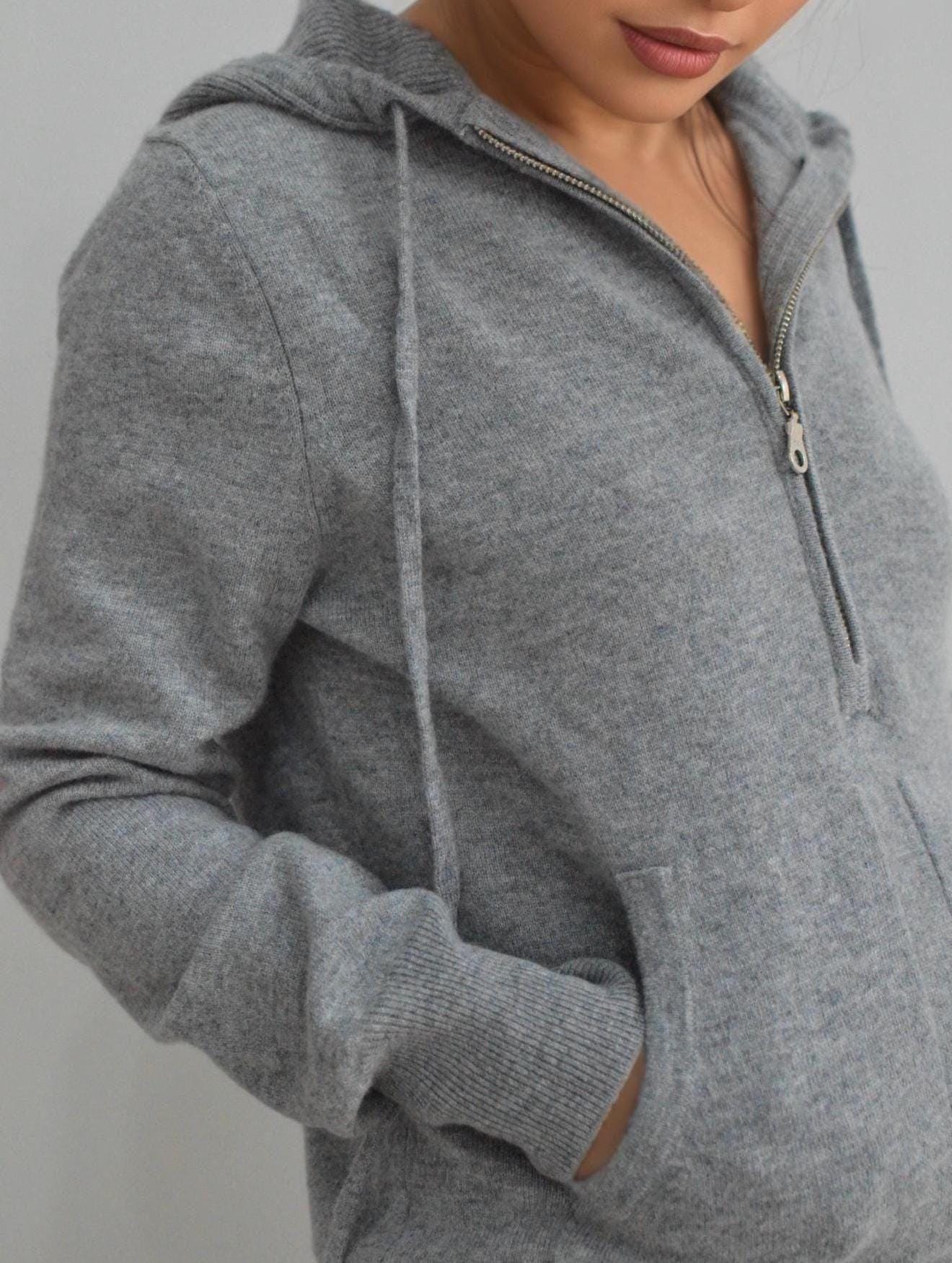 Women’s Pure Cashmere Half-Zip Hoodie light weight, 100% cashmere