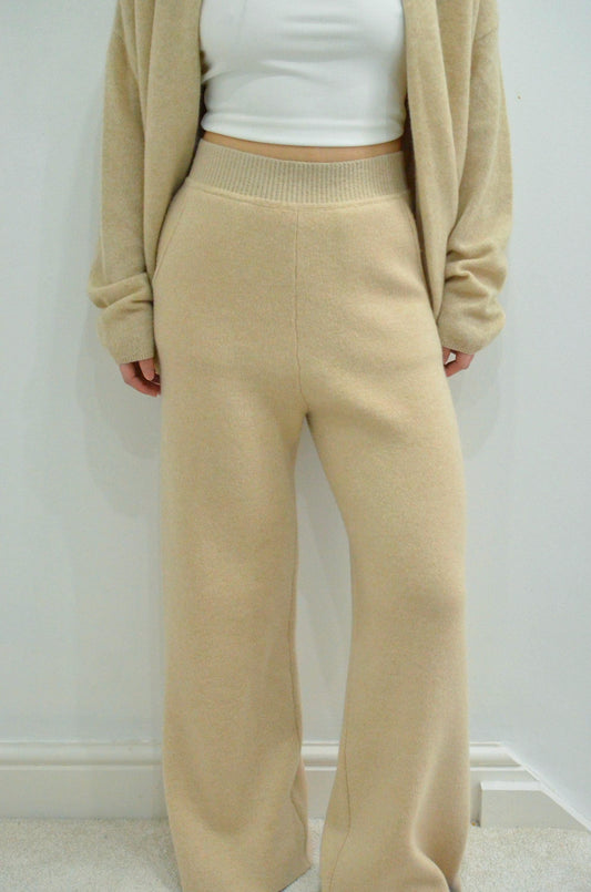 Cashmere Wool Blend Trousers: Beige Wide Leg Loungewear