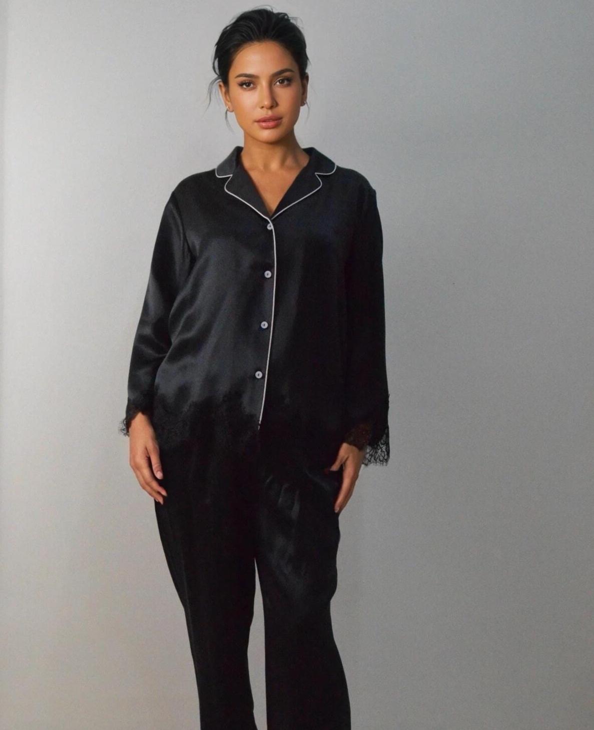 19 Momme Mulberry Silk Pajama Set: Black Lace Trim Sleepwear 3/4 sleeves