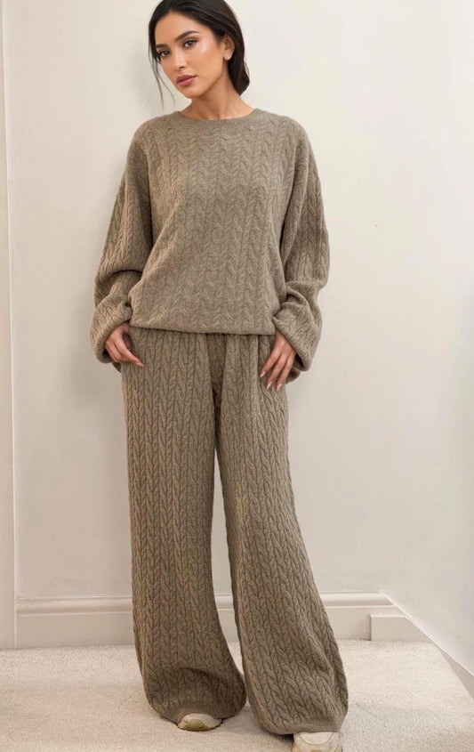 Cashmere Wool Blend Cable Knit Sweater Set: Adjustable Trousers Wide leg trouser
