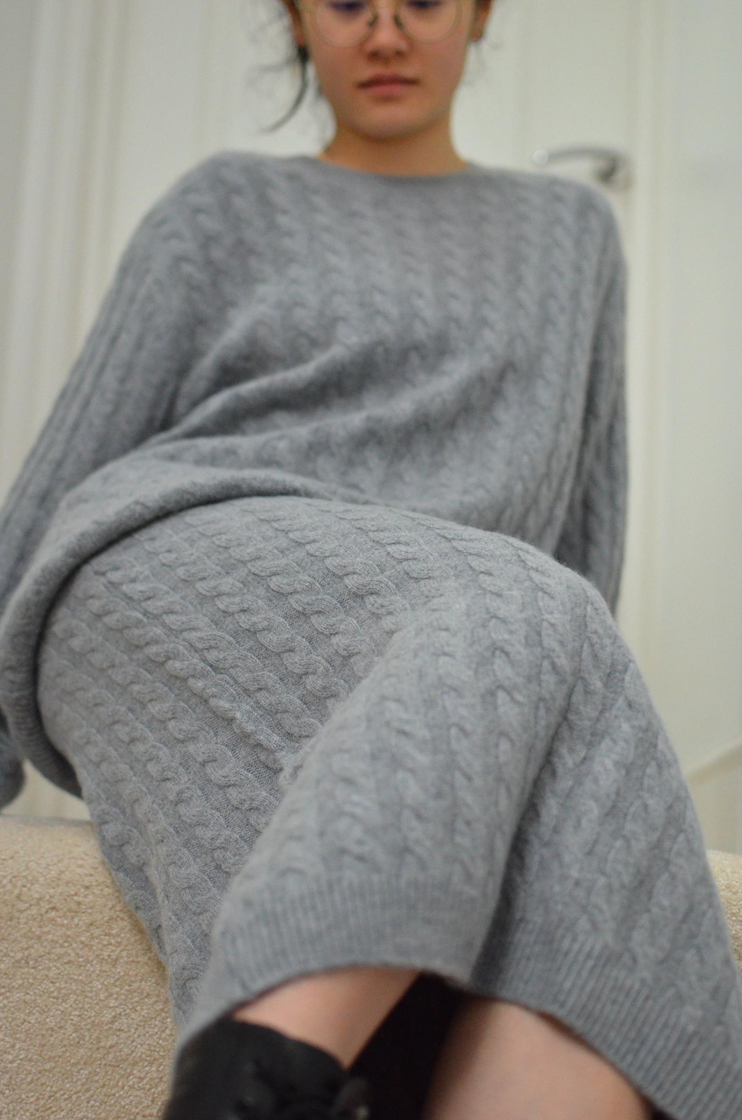 Cashmere Wool Blend Cable Knit Sweater and Pencil Skirt Set