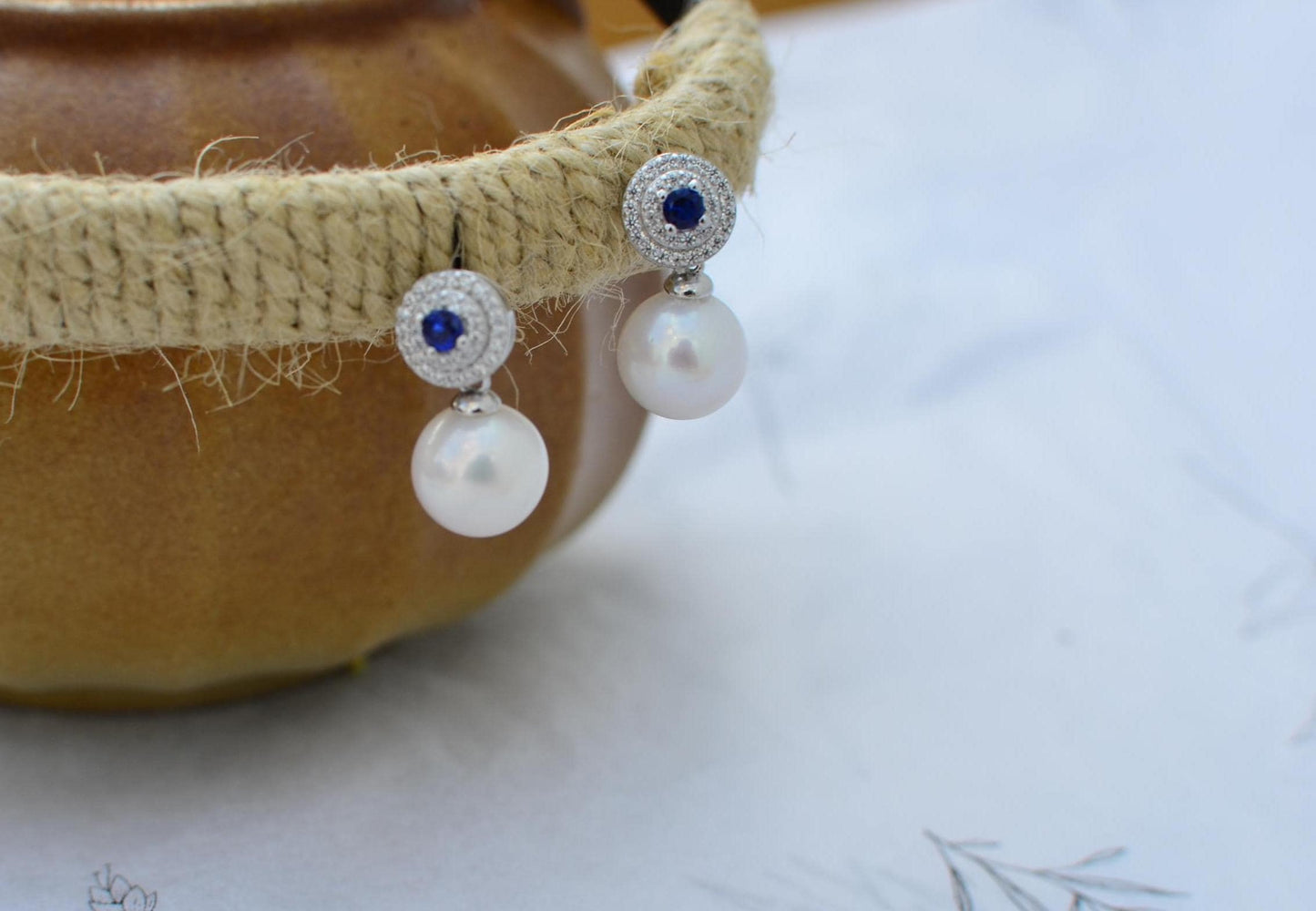 Freshwater Pearl Drop Earrings, CZ Halo, Sapphire Center, Sterling Silver