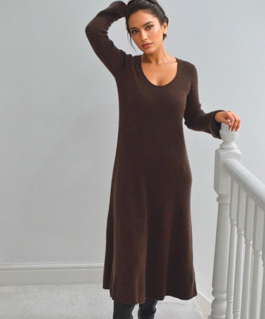 Cashmere & Wool Ribbed Knit  above ankle  Dress – Chestnut Brown
