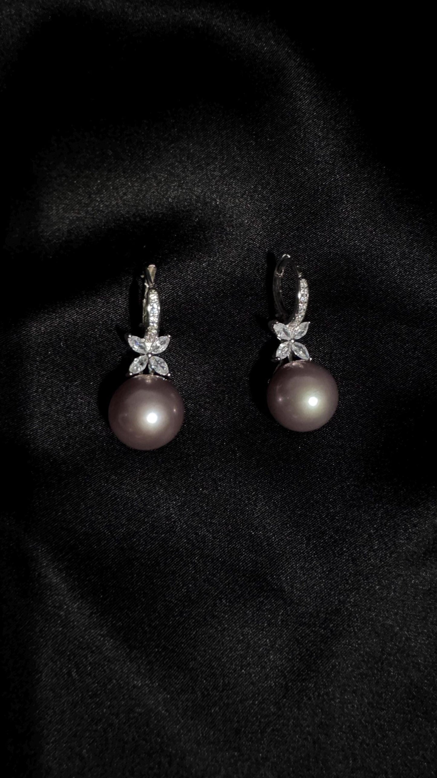 Lavender Pearl Drop Earrings Sterling Silver & CZ Floral Design