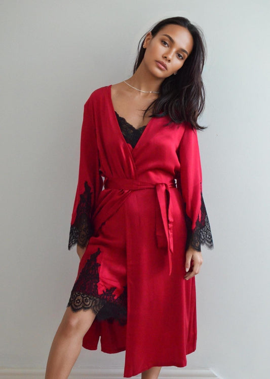 2Pcs Set – Lace Silk Cami Dress & Robe | 6A Grade Mulberry Silk, Rosered with Black Lace Sleeves