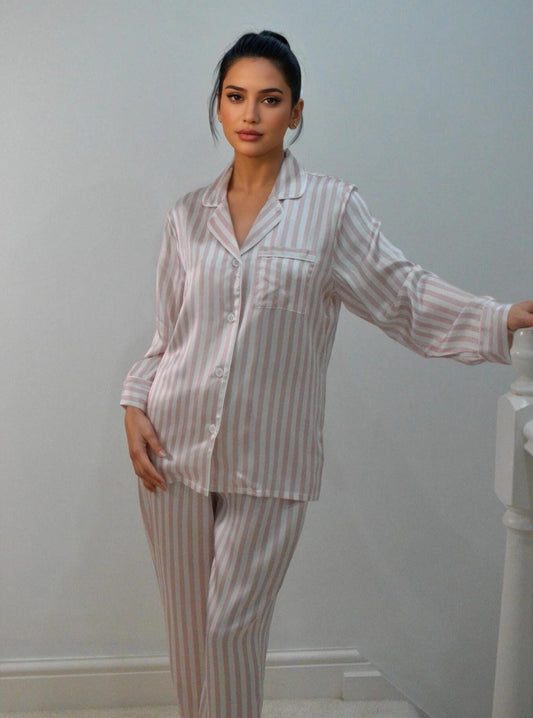 Striped Silk Pajamas Set: 19mm 6A Mulberry Silk Longsleeves