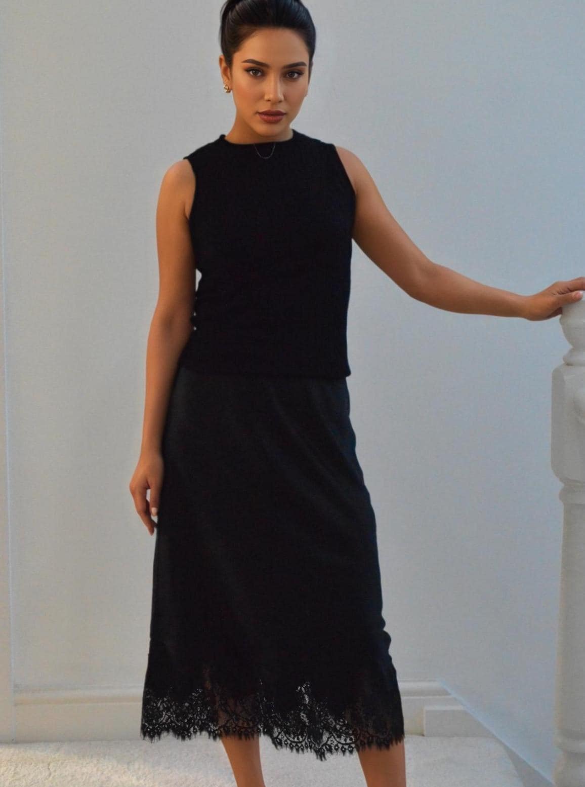 Black Silk Midi Skirt with Lace Hem