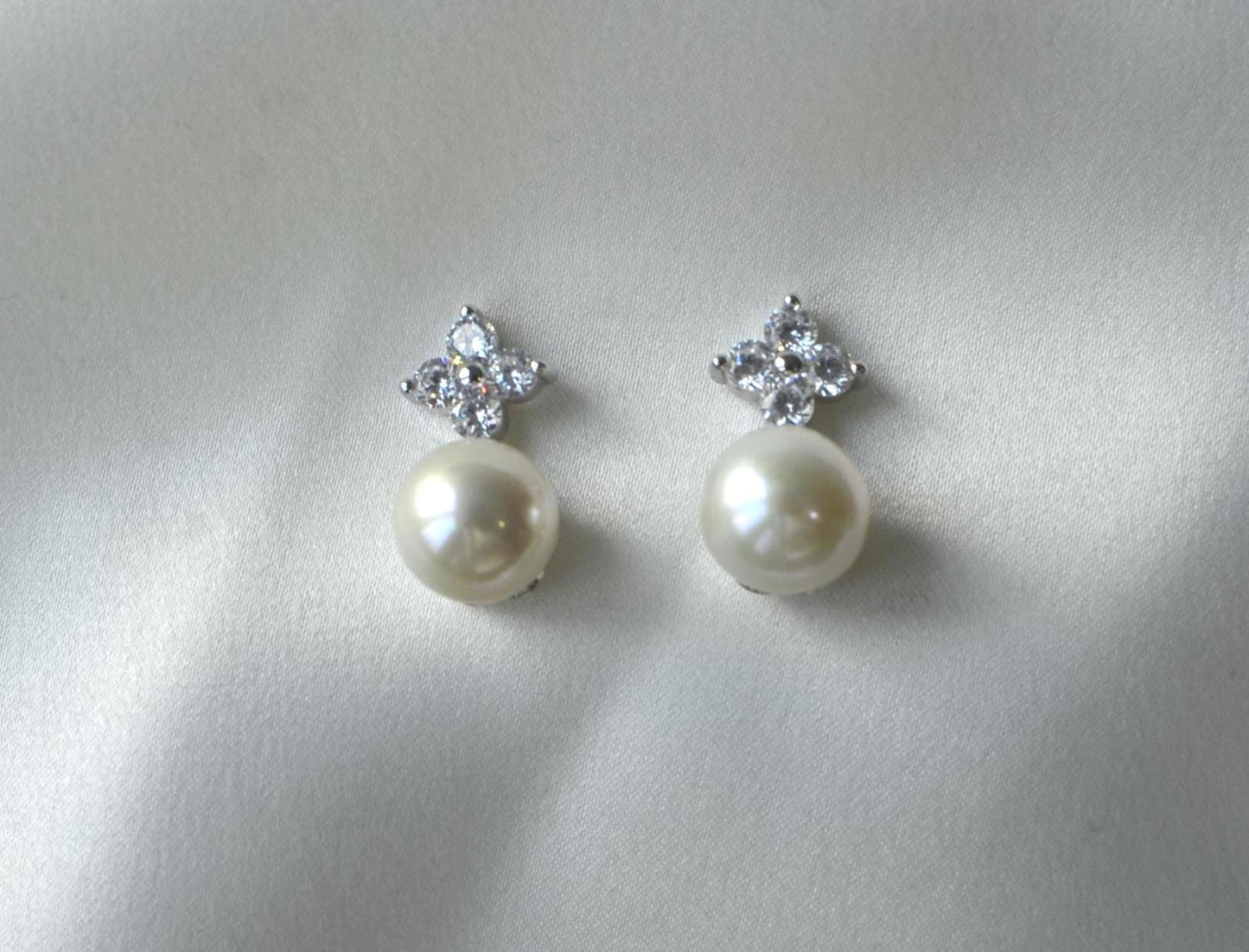 Floral CZ & Freshwater Pearl Earrings – Bridal Sterling Silver Studs