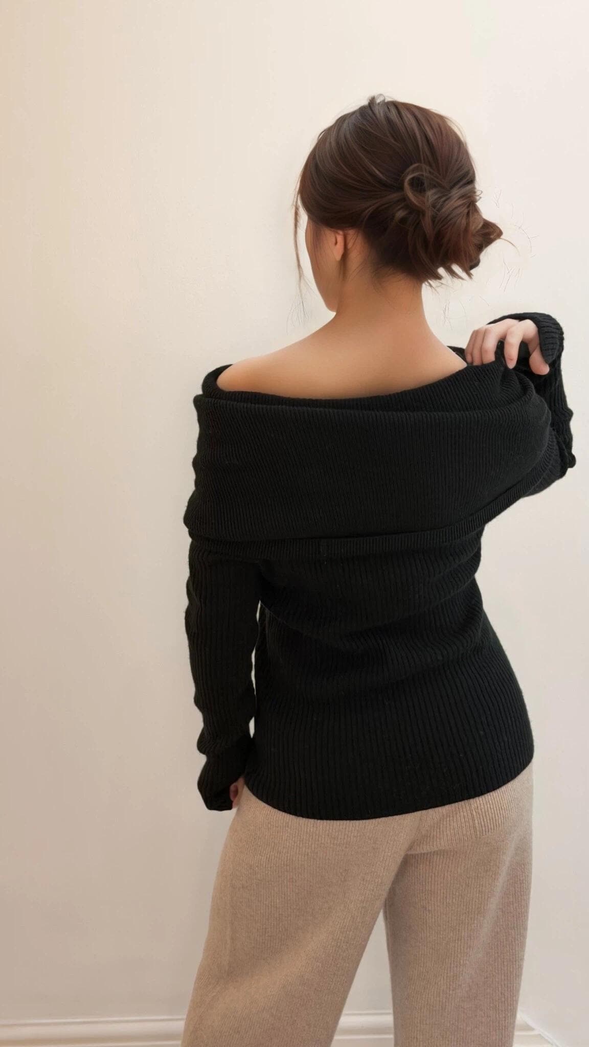 Luxurious Off-the-Shoulder Cashmere and Wool Blend Sweater with A emovable shoulder tie  two styling options