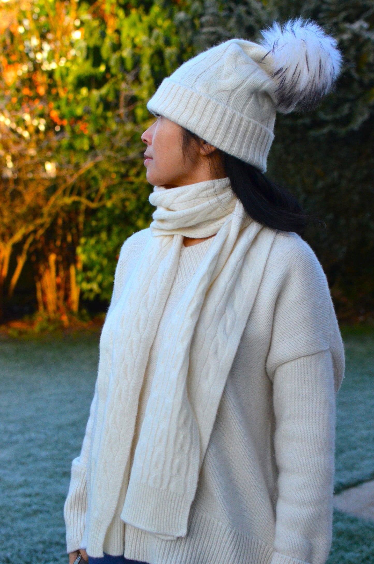 Christmas gift box Cashmere Scarf and Cable Knit Beanie  Faux Fur Pom-Pom