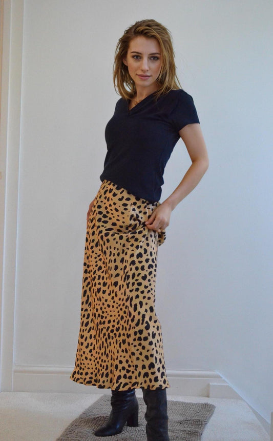 Wild Elegance:Golden beige base with bold black spots Slip Skirt  mulberry silk skirt